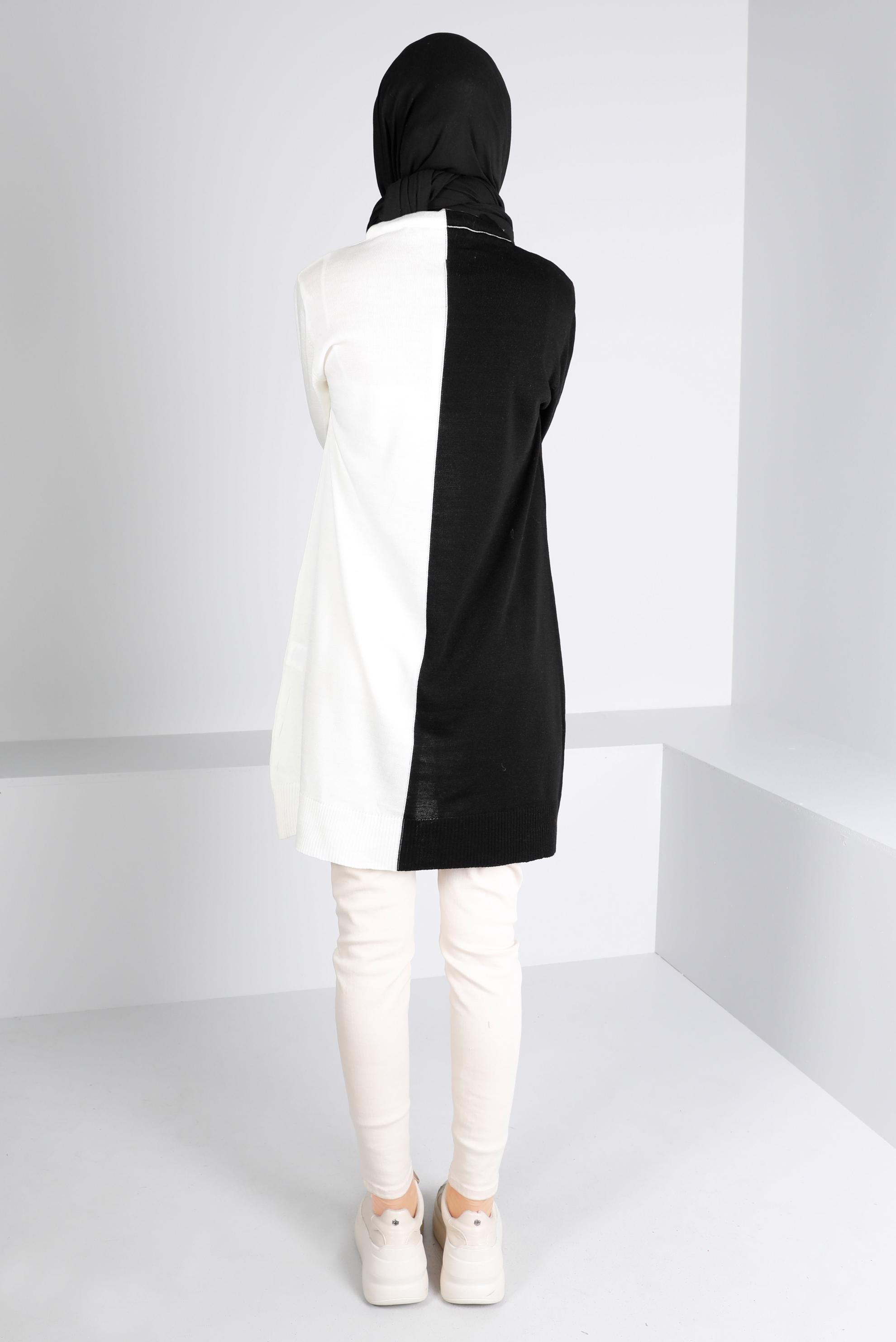 Tesettür giyim SİYAH BAĞLAMA DETAYLI İKİ RENKLİ TRİKO TUNİK 43167