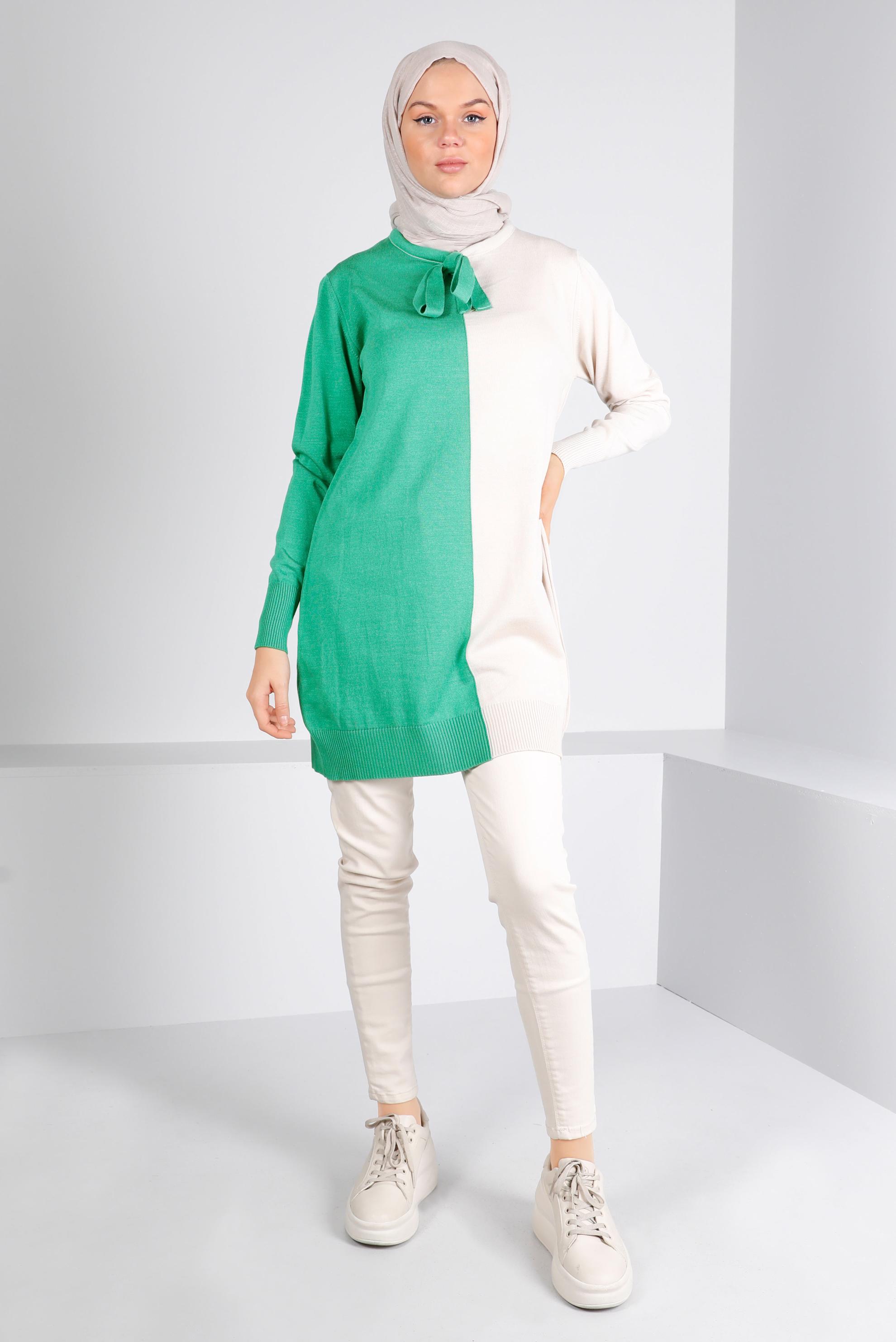Tesettür giyim YEŞİL BAĞLAMA DETAYLI İKİ RENKLİ TRİKO TUNİK 43167