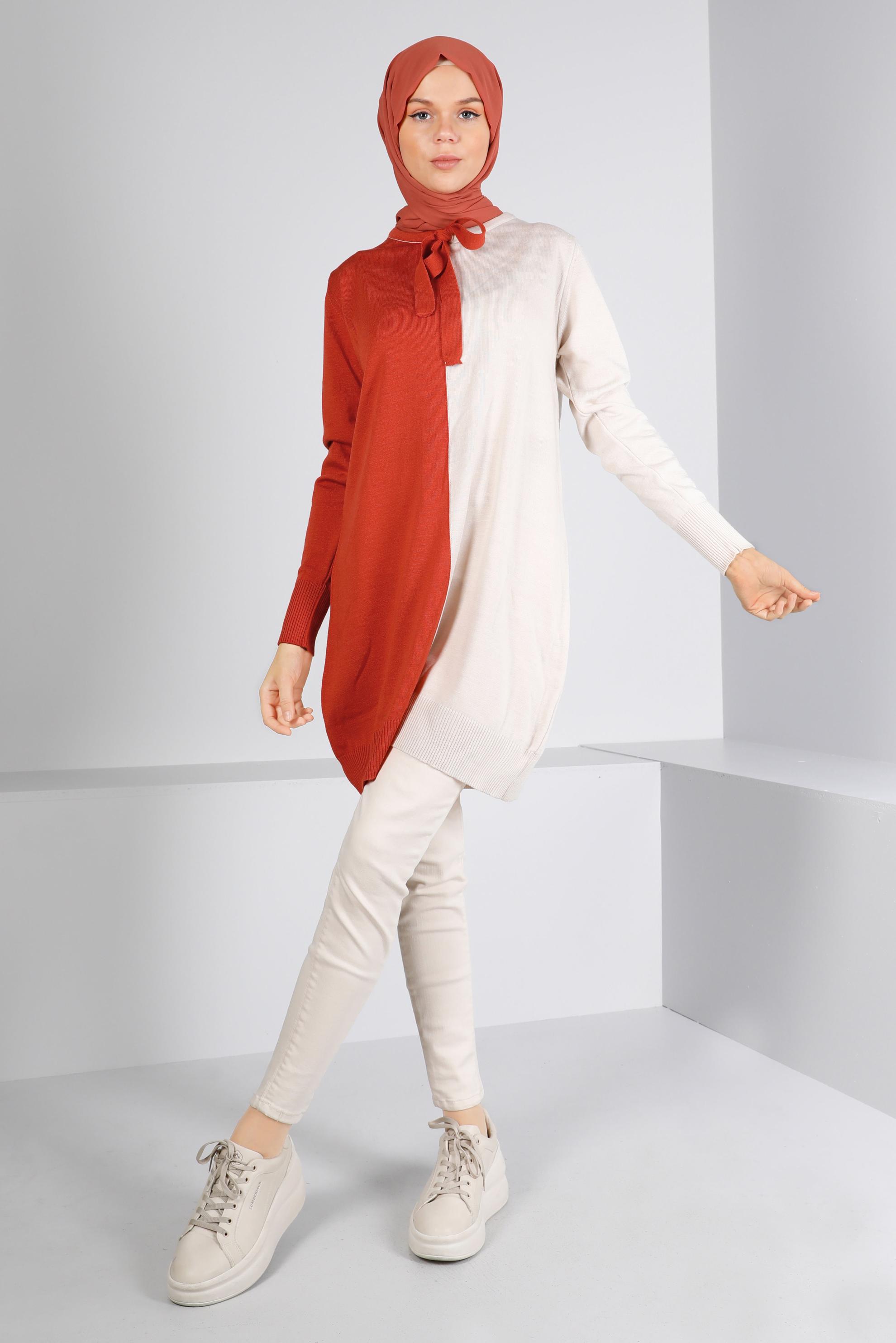 Tesettür giyim TURUNCU BAĞLAMA DETAYLI İKİ RENKLİ TRİKO TUNİK 43167