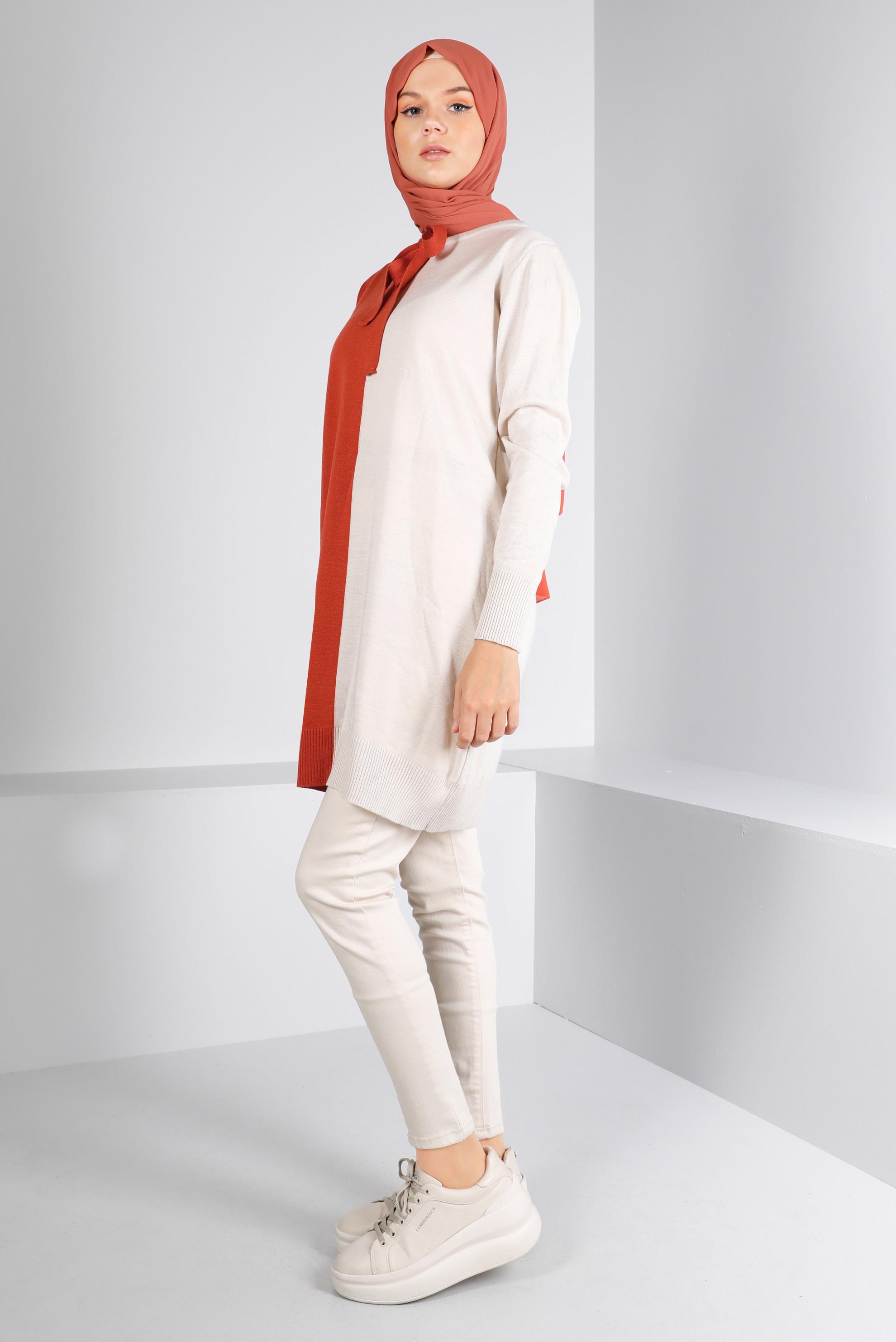 Tesettür giyim TURUNCU BAĞLAMA DETAYLI İKİ RENKLİ TRİKO TUNİK 43167