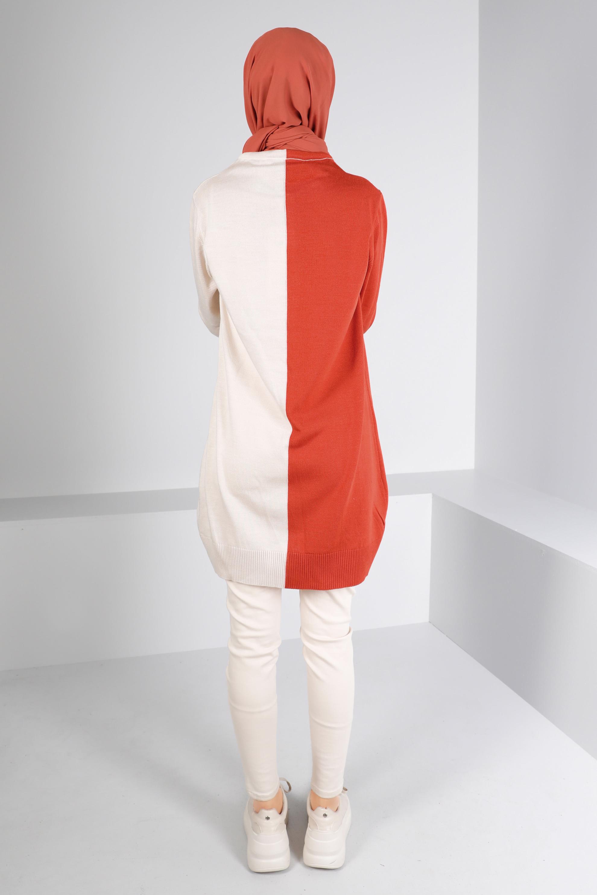 Tesettür giyim TURUNCU BAĞLAMA DETAYLI İKİ RENKLİ TRİKO TUNİK 43167