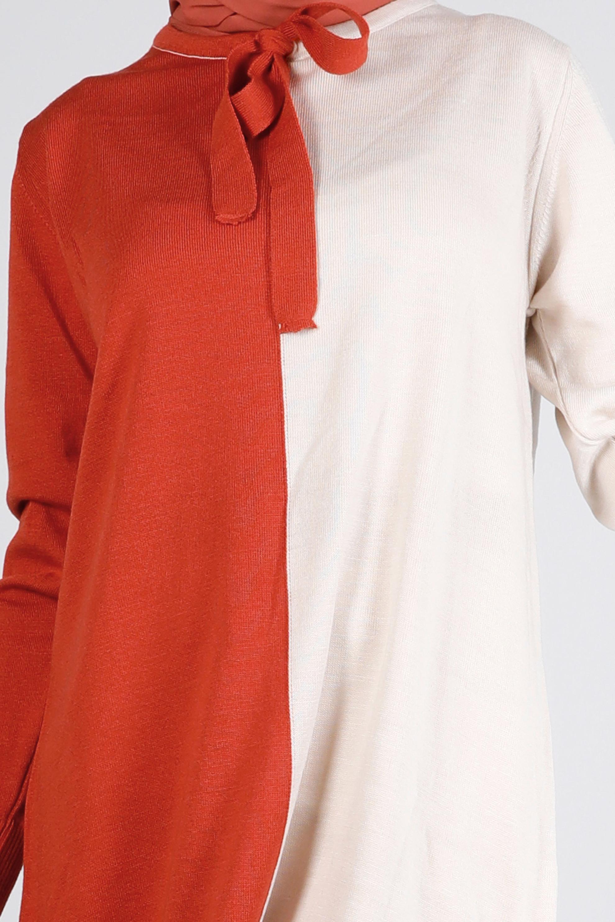 Tesettür giyim TURUNCU BAĞLAMA DETAYLI İKİ RENKLİ TRİKO TUNİK 43167