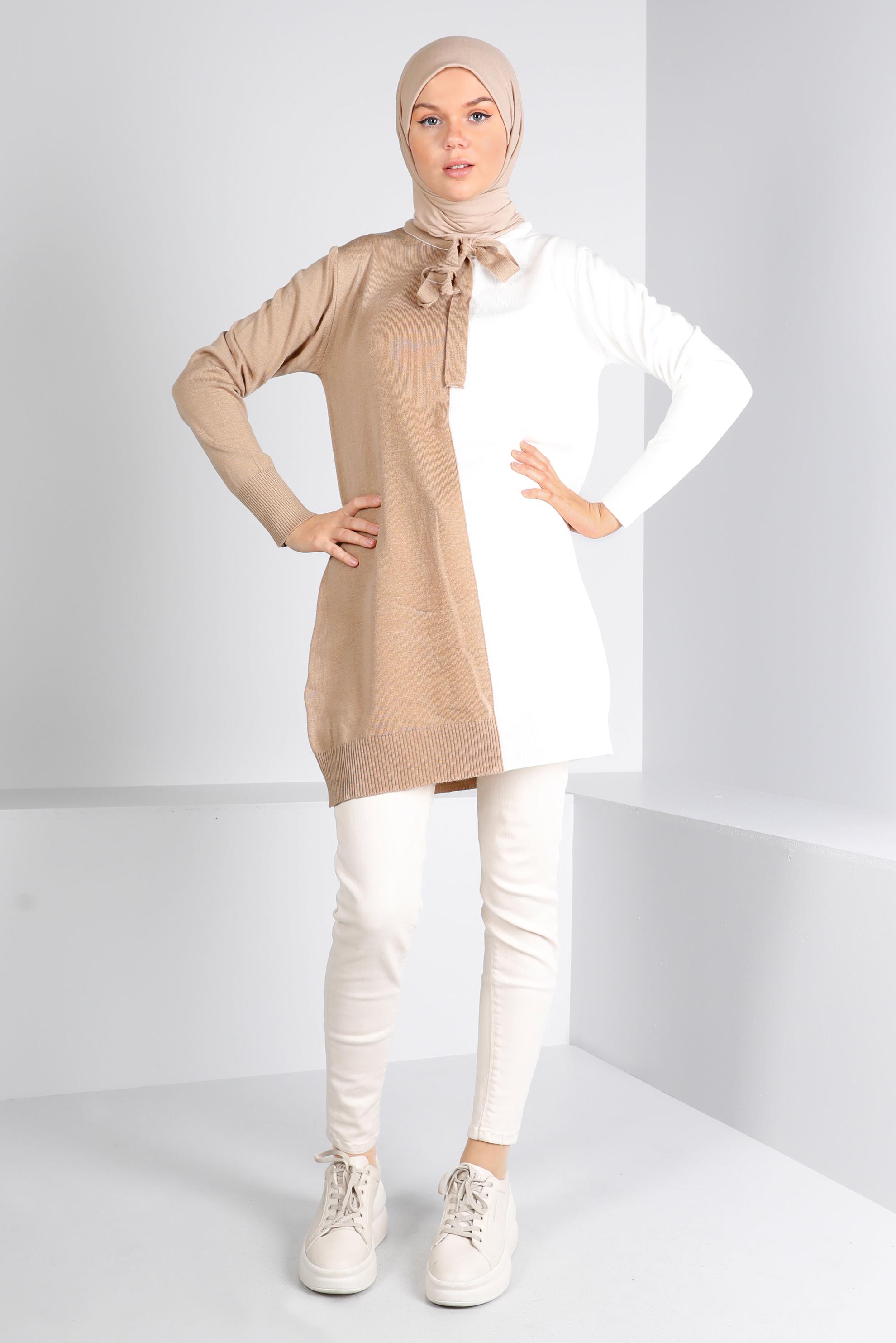 Tesettür giyim KAHVE BAĞLAMA DETAYLI İKİ RENKLİ TRİKO TUNİK 43167