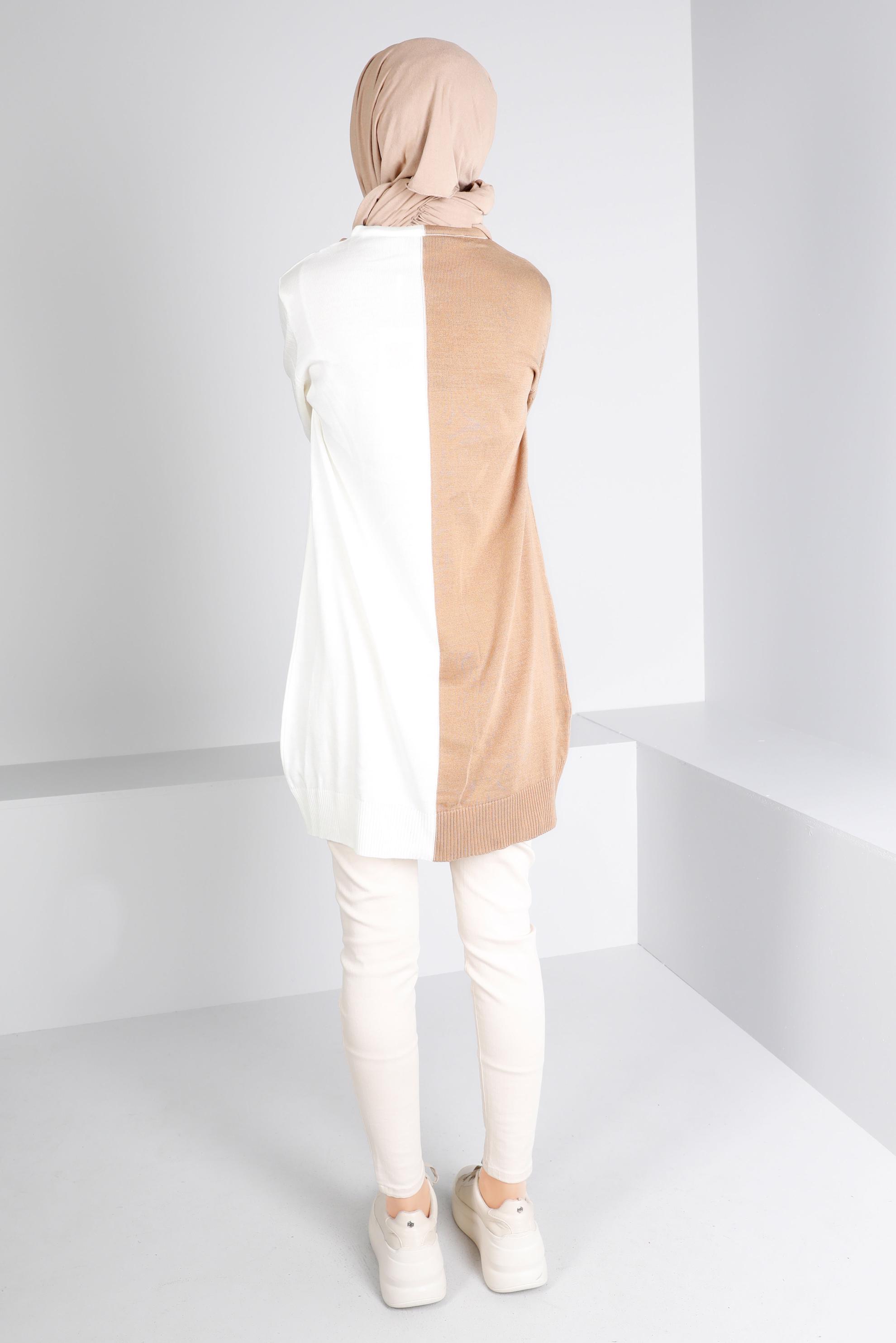 Tesettür giyim KAHVE BAĞLAMA DETAYLI İKİ RENKLİ TRİKO TUNİK 43167