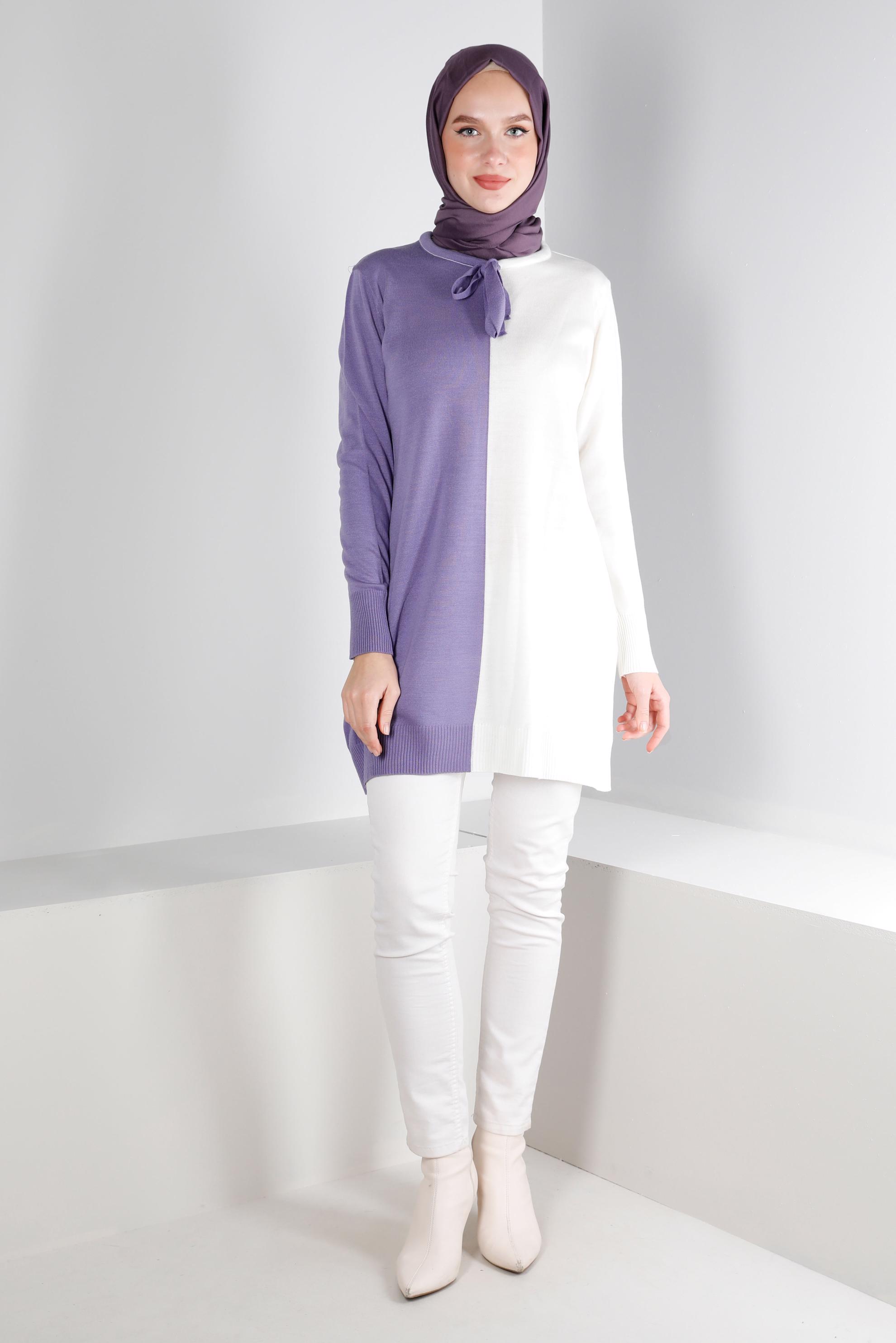 Tesettür giyim MOR BAĞLAMA DETAYLI İKİ RENKLİ TRİKO TUNİK 43167