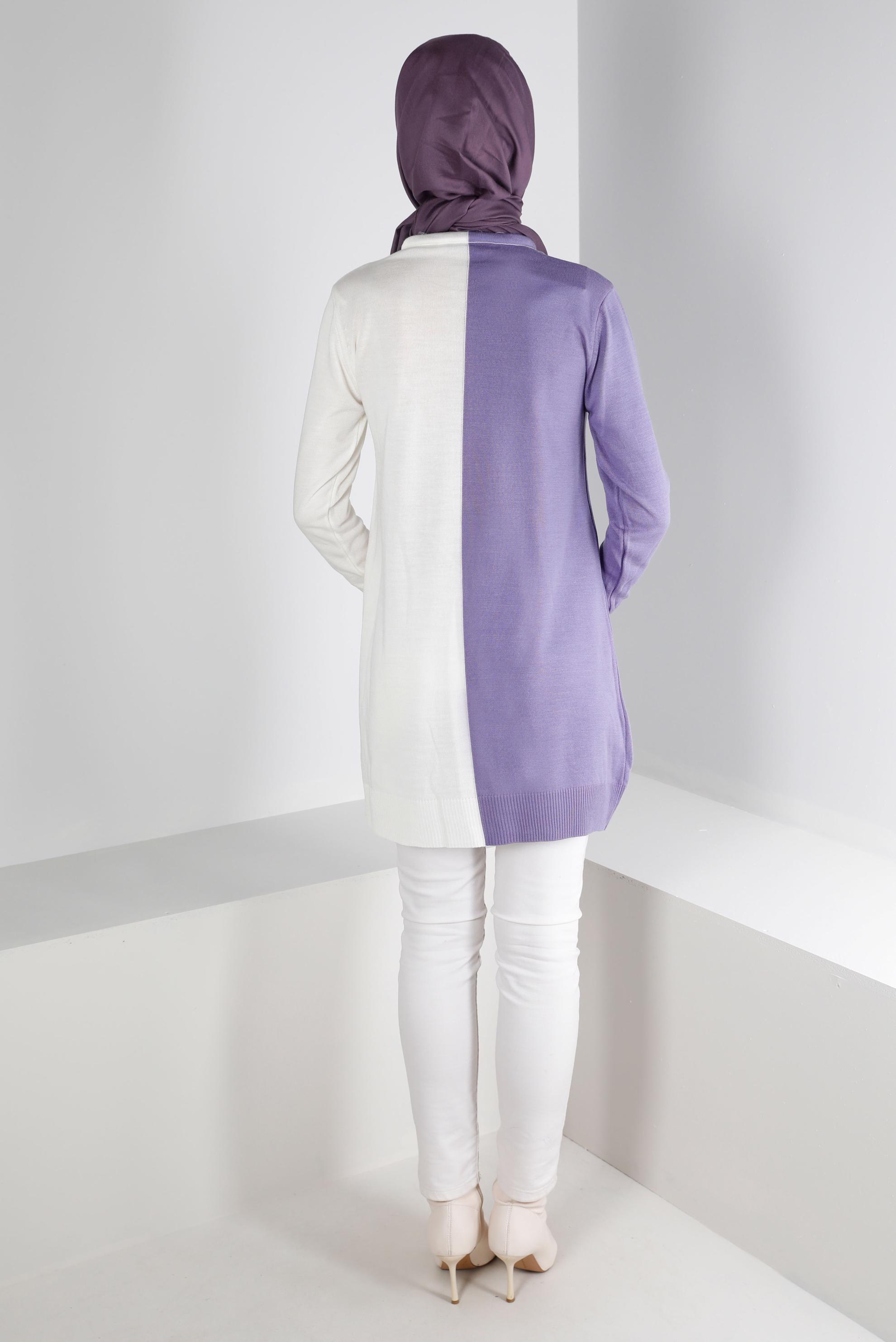 Tesettür giyim MOR BAĞLAMA DETAYLI İKİ RENKLİ TRİKO TUNİK 43167