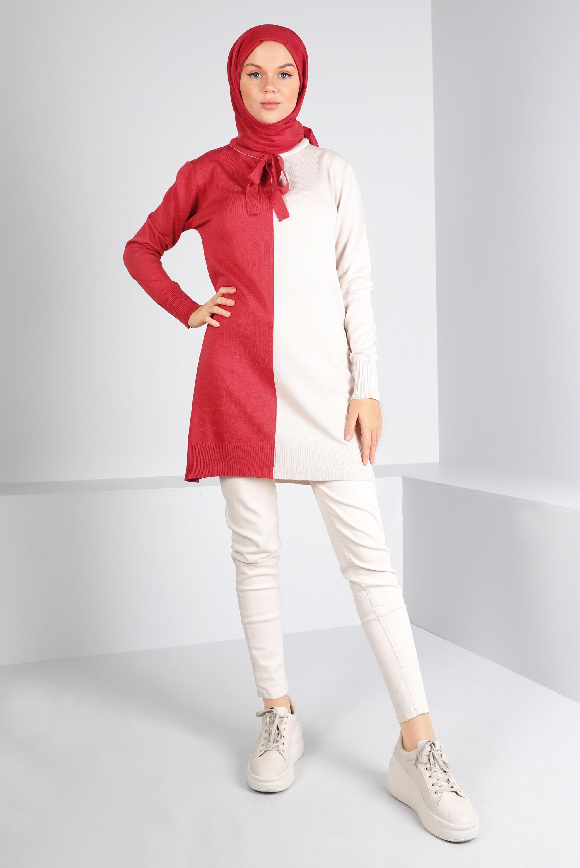 Tesettür giyim MERCAN BAĞLAMA DETAYLI İKİ RENKLİ TRİKO TUNİK 43167