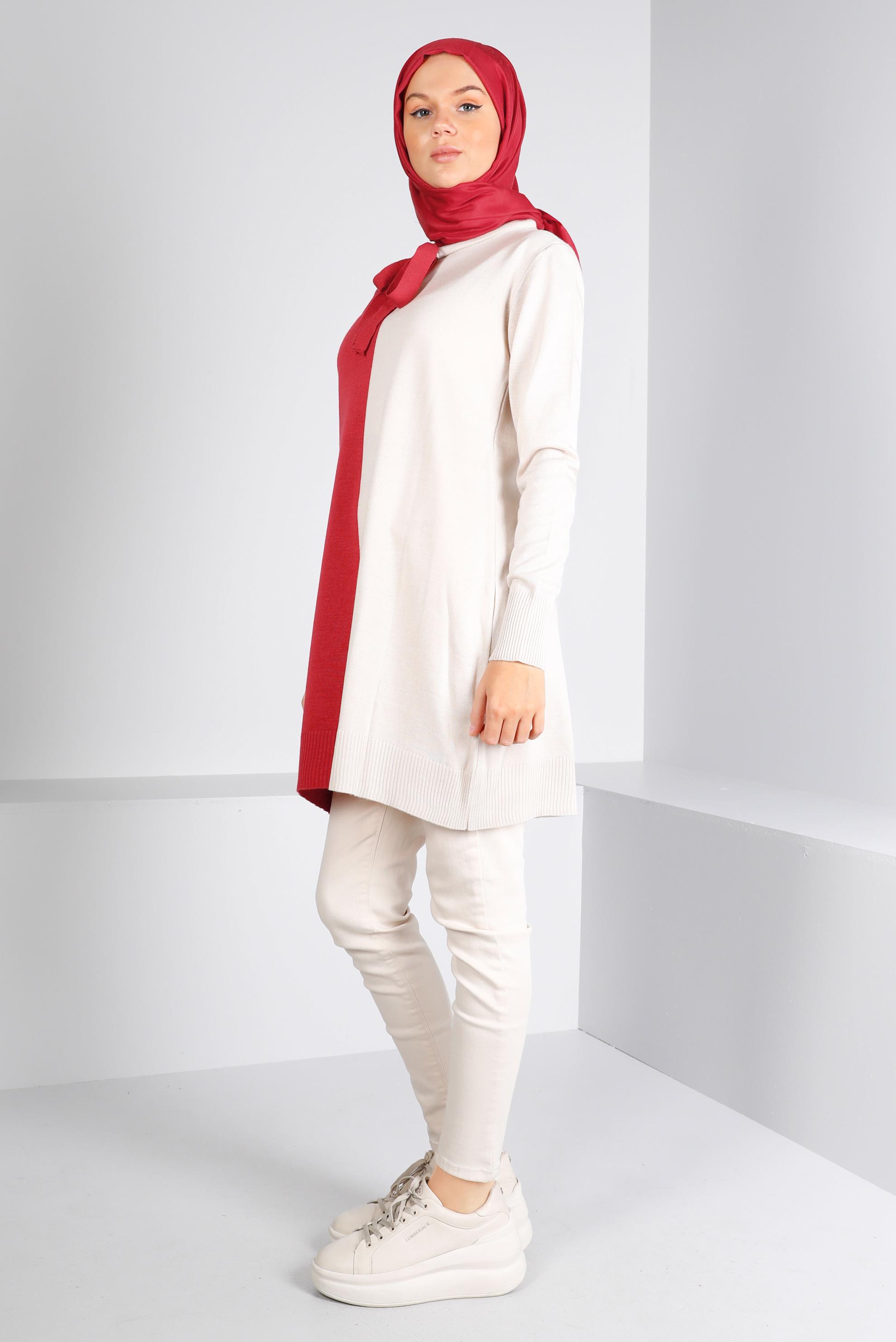 Tesettür giyim MERCAN BAĞLAMA DETAYLI İKİ RENKLİ TRİKO TUNİK 43167