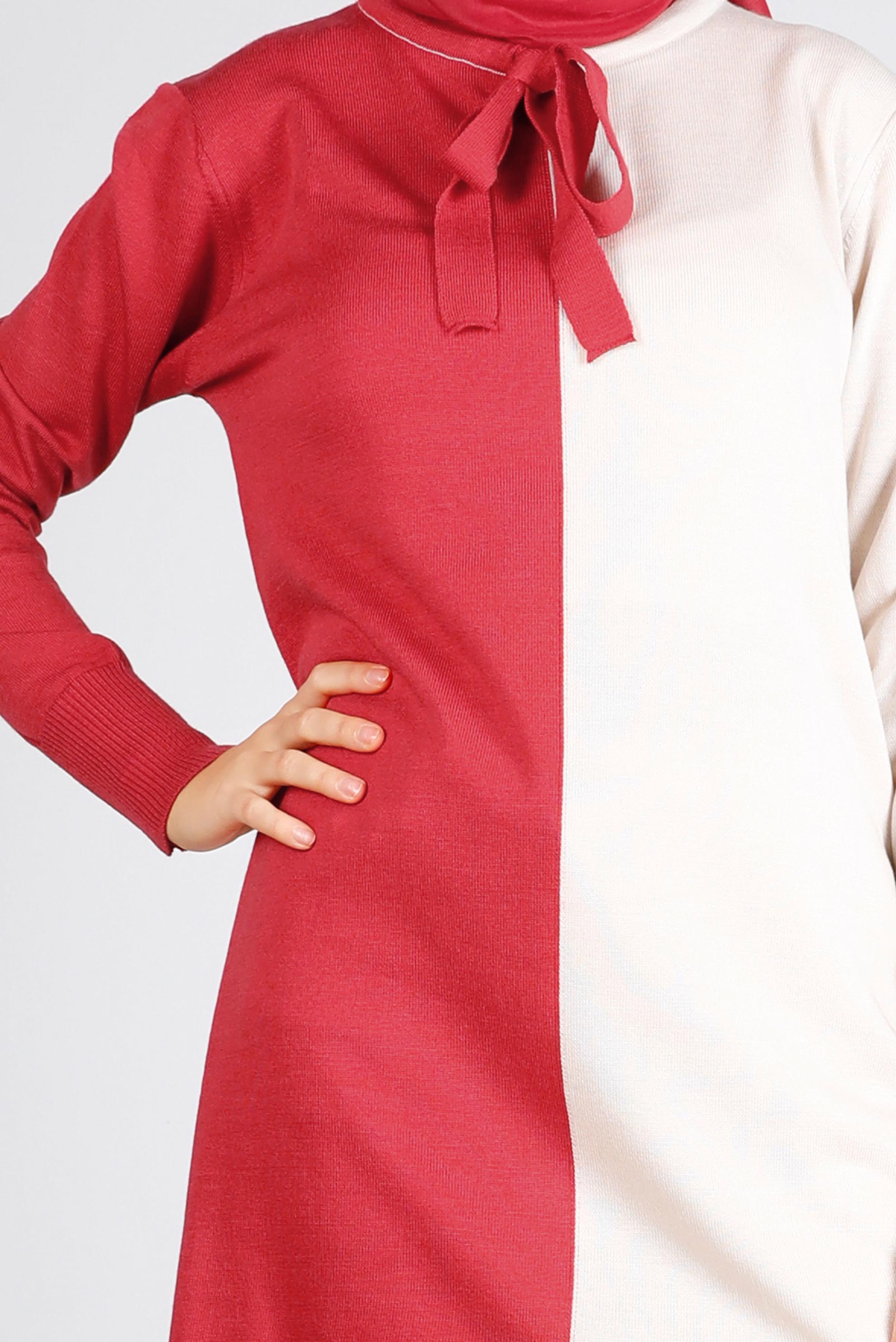 Tesettür giyim MERCAN BAĞLAMA DETAYLI İKİ RENKLİ TRİKO TUNİK 43167