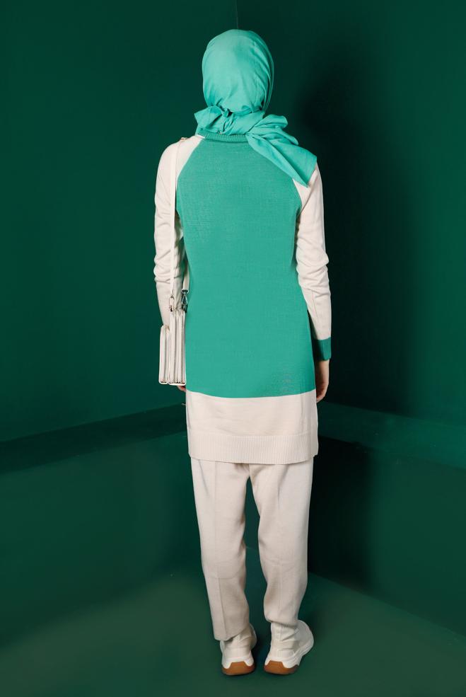 Tesettür giyim YEŞİL RENK BLOKLU TRİKO TUNİK 43168 - ALVİNA