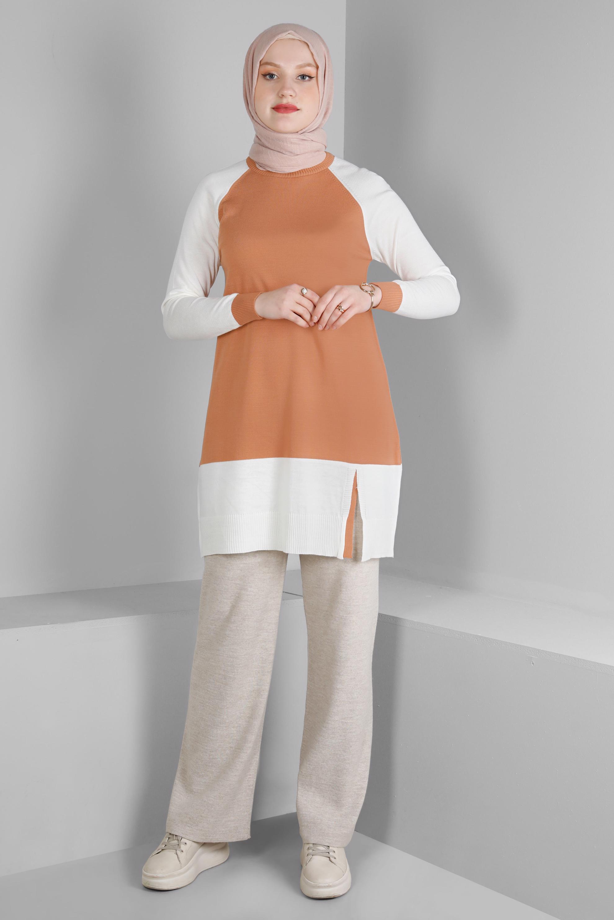 Tesettür giyim PUDRA RENK BLOKLU TRİKO TUNİK 43168