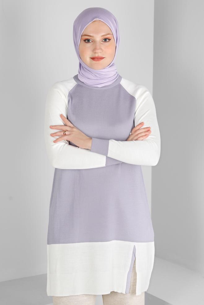 Tesettür giyim MOR RENK BLOKLU TRİKO TUNİK 43168 - ALVİNA