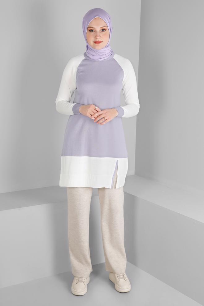 Tesettür giyim MOR RENK BLOKLU TRİKO TUNİK 43168 - ALVİNA