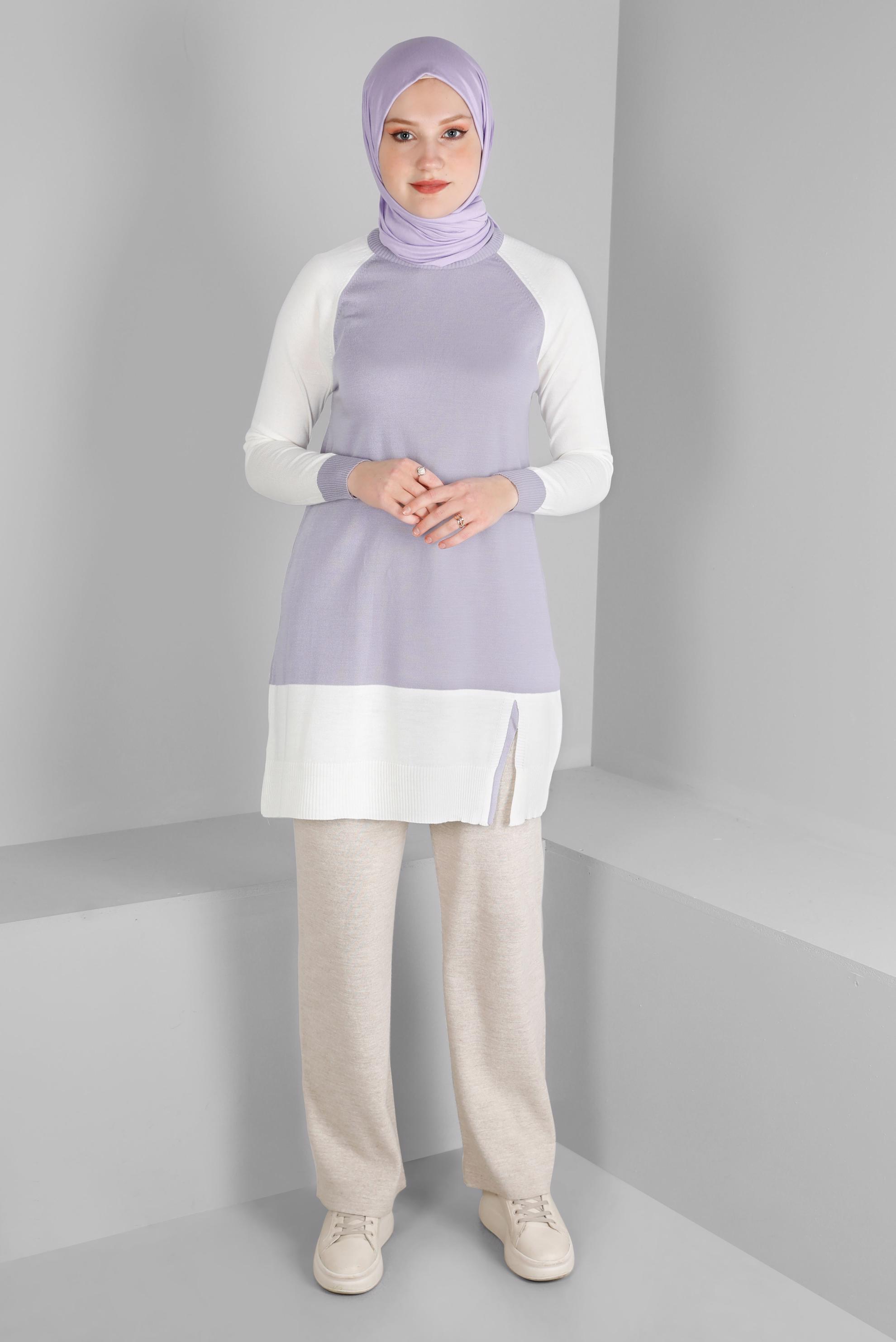 Tesettür giyim MOR RENK BLOKLU TRİKO TUNİK 43168