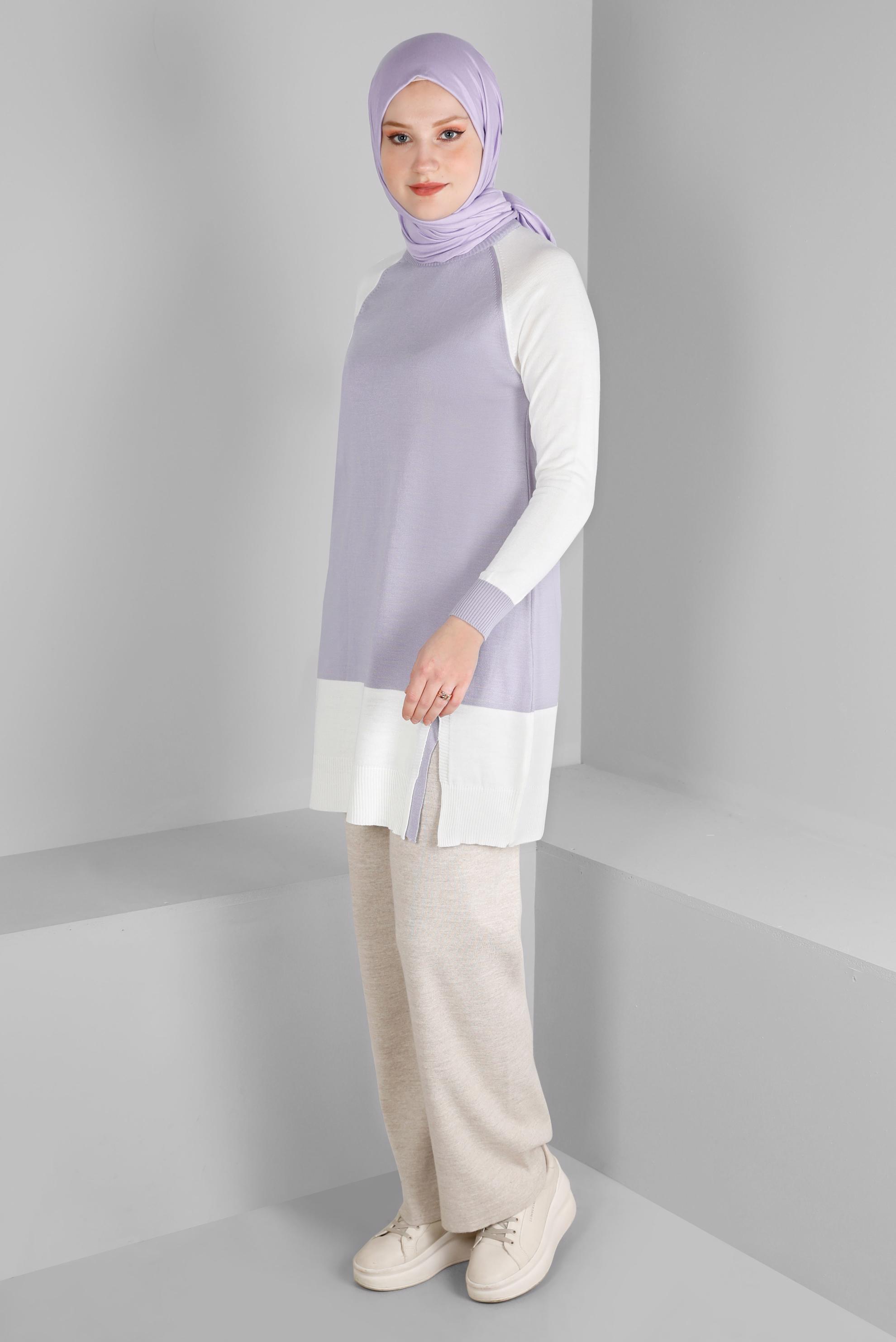 Tesettür giyim MOR RENK BLOKLU TRİKO TUNİK 43168