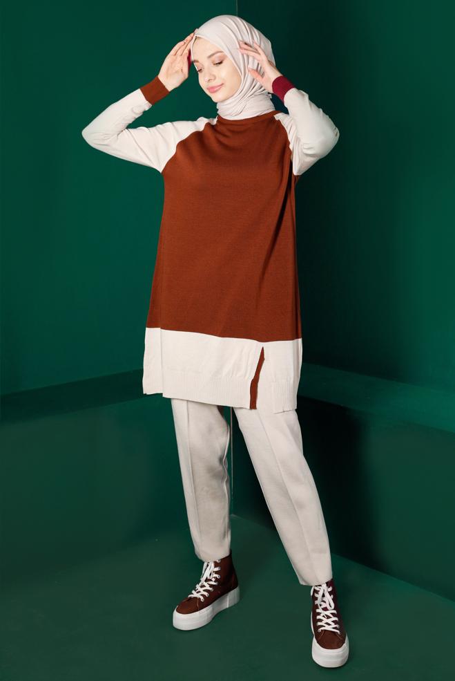 Tesettür giyim KAHVE RENK BLOKLU TRİKO TUNİK 43168 - ALVİNA