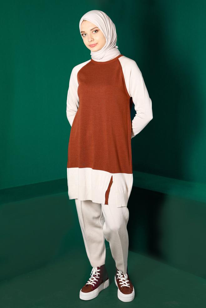Tesettür giyim KAHVE RENK BLOKLU TRİKO TUNİK 43168 - ALVİNA