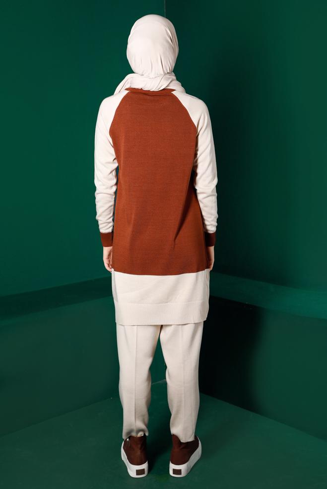 Tesettür giyim KAHVE RENK BLOKLU TRİKO TUNİK 43168 - ALVİNA