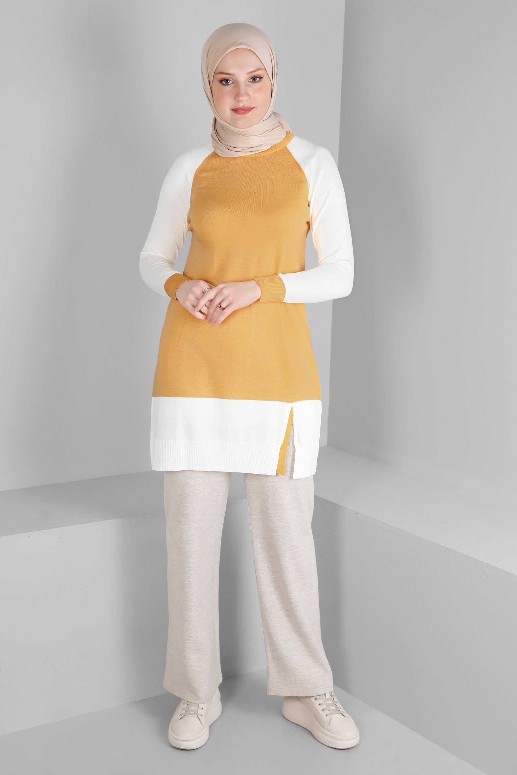 Tesettür giyim SARI RENK BLOKLU TRİKO TUNİK 43168