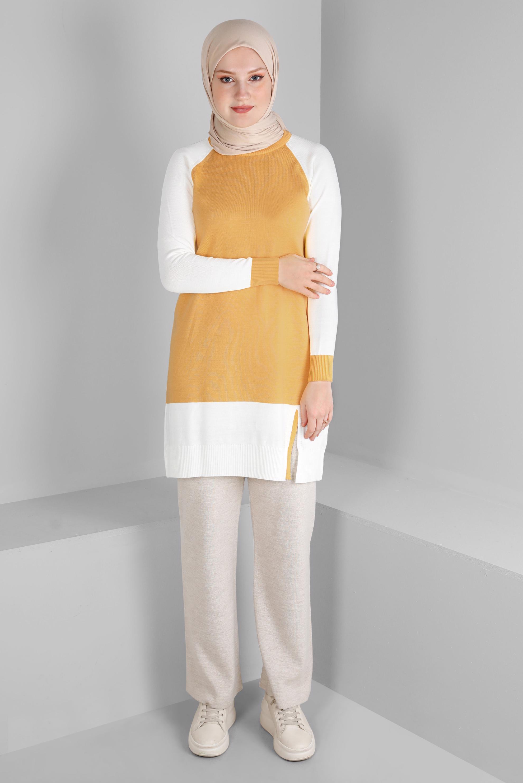 Tesettür giyim SARI RENK BLOKLU TRİKO TUNİK 43168