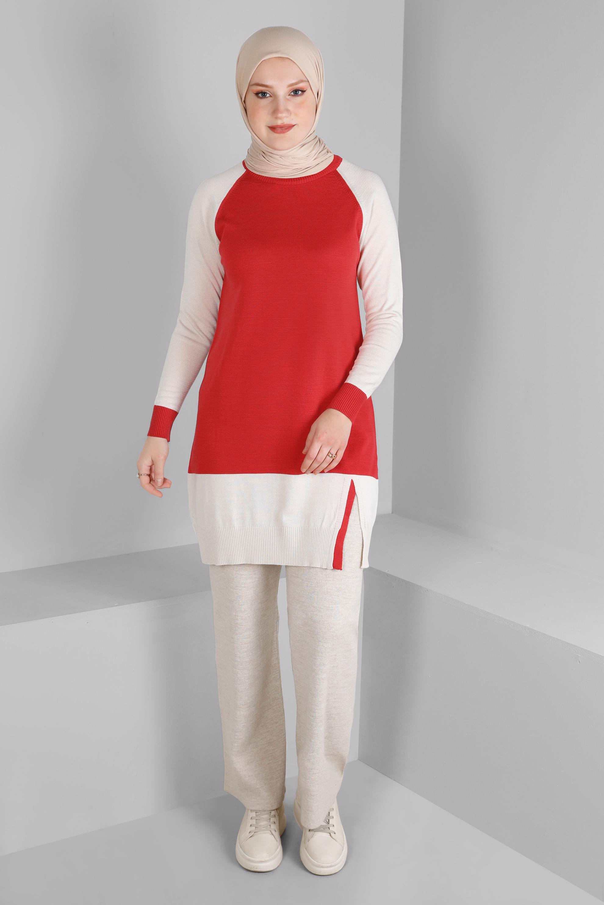 Tesettür giyim MERCAN RENK BLOKLU TRİKO TUNİK 43168