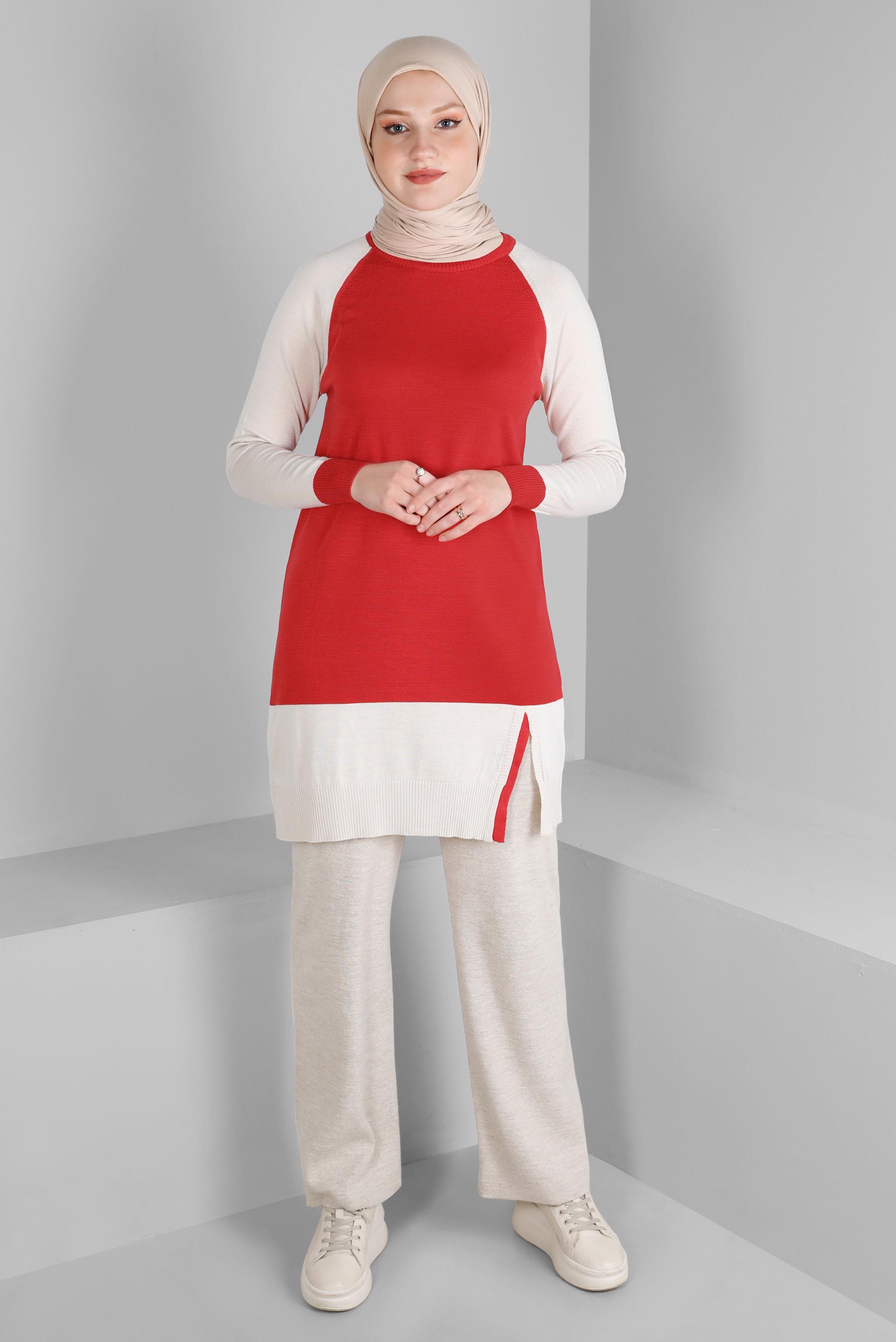 Tesettür giyim MERCAN RENK BLOKLU TRİKO TUNİK 43168