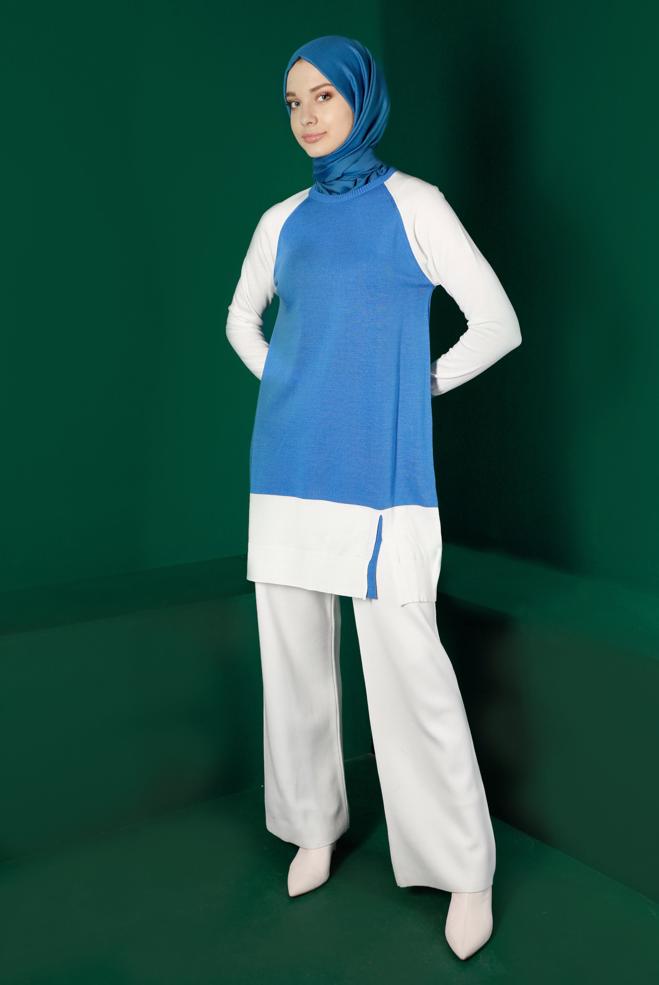 Tesettür giyim MAVİ RENK BLOKLU TRİKO TUNİK 43168 - ALVİNA