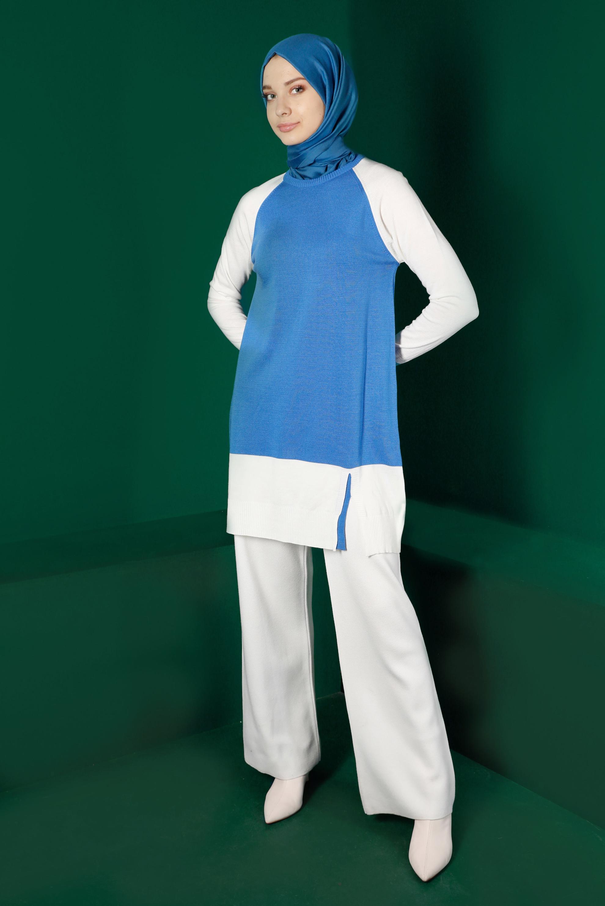 Tesettür giyim MAVİ RENK BLOKLU TRİKO TUNİK 43168