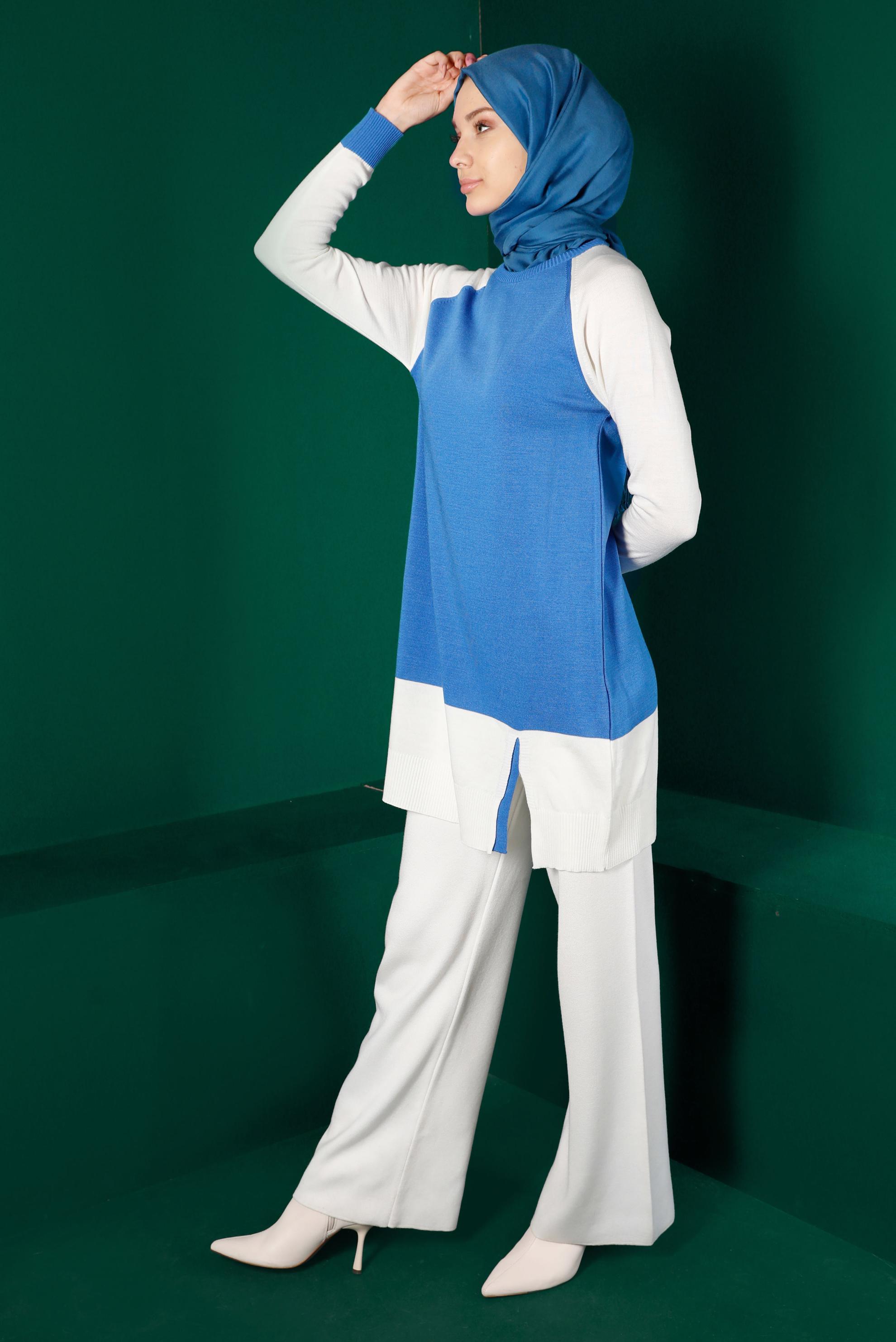 Tesettür giyim MAVİ RENK BLOKLU TRİKO TUNİK 43168