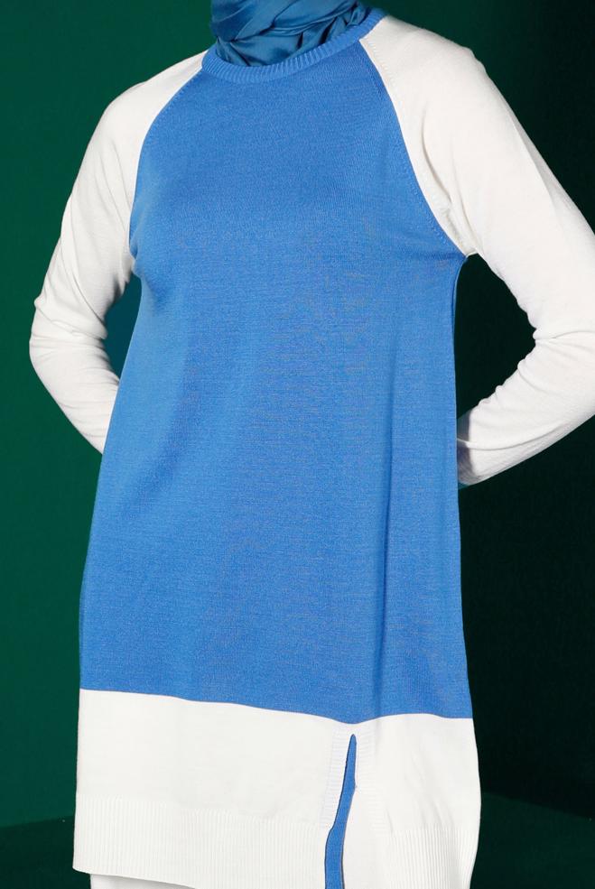 Tesettür giyim MAVİ RENK BLOKLU TRİKO TUNİK 43168 - ALVİNA