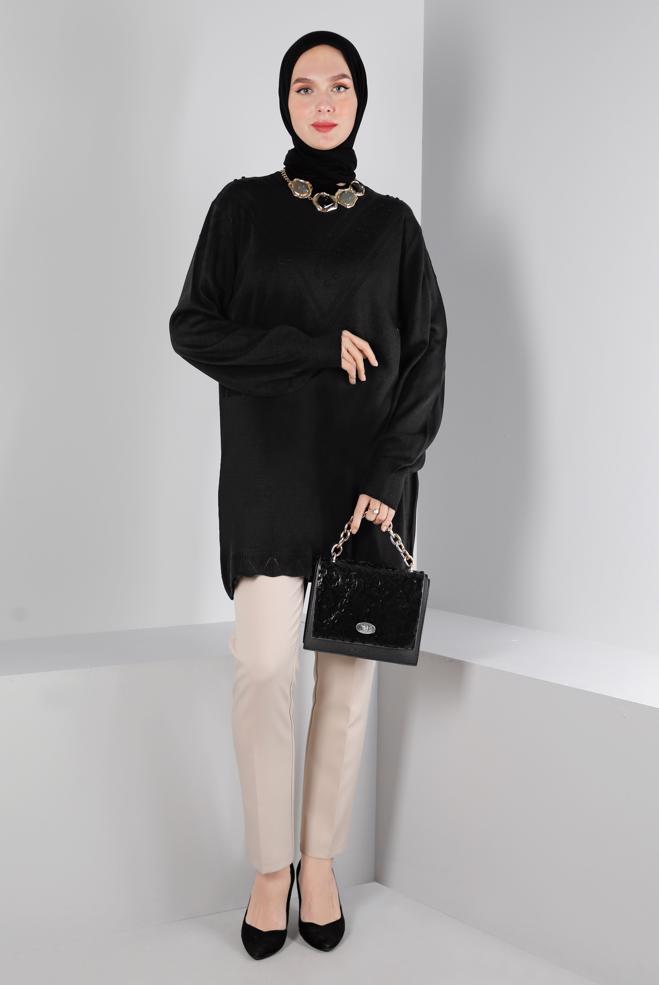 Vêtements hijab NOIR TUNIQUE EN MAILLE AVEC POMPONS 43169 - ALVİNA