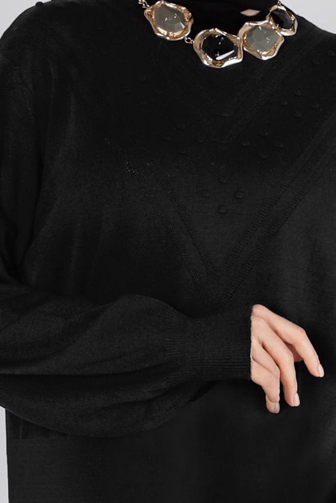 Vêtements hijab NOIR TUNIQUE EN MAILLE AVEC POMPONS 43169 - ALVİNA