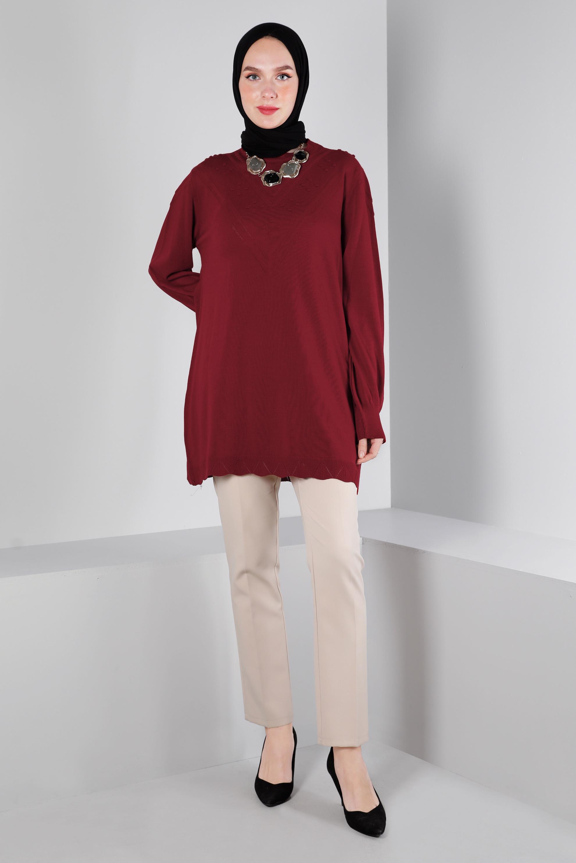 Hijab clothing CLARET RED POMPOM DETAIL KNITWEAR TUNIC 43169