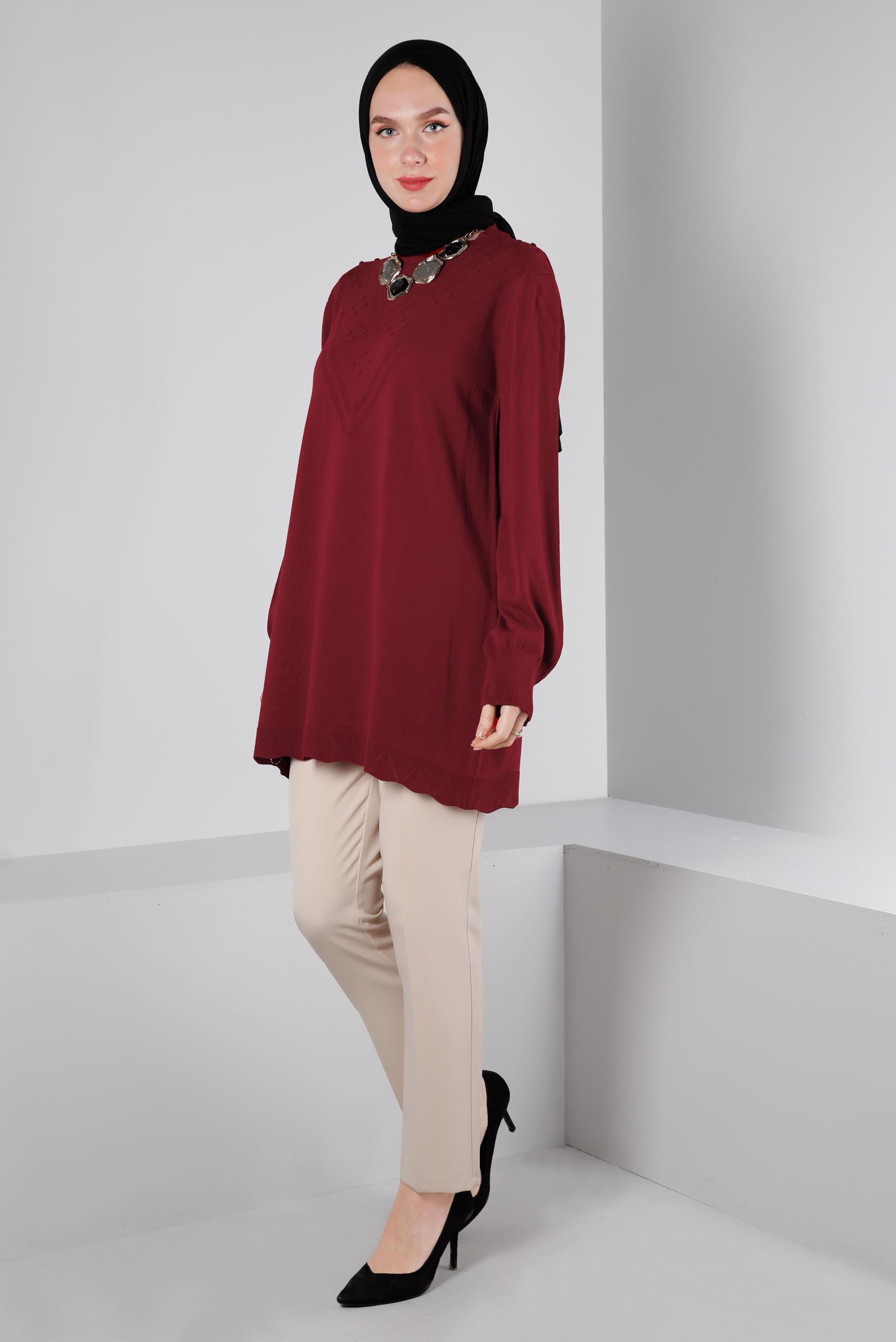 Hijab clothing CLARET RED POMPOM DETAIL KNITWEAR TUNIC 43169