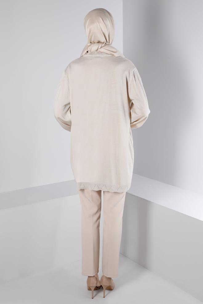 Vêtements hijab BEIGE TUNIQUE EN MAILLE AVEC POMPONS 43169 - ALVİNA
