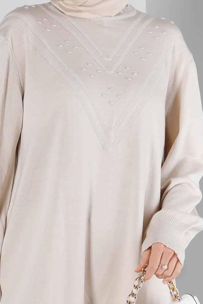 Vêtements hijab BEIGE TUNIQUE EN MAILLE AVEC POMPONS 43169 - ALVİNA