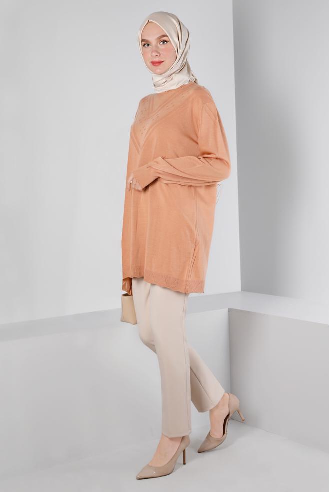 Vêtements hijab POUDRE TUNIQUE EN MAILLE AVEC POMPONS 43169 - ALVİNA