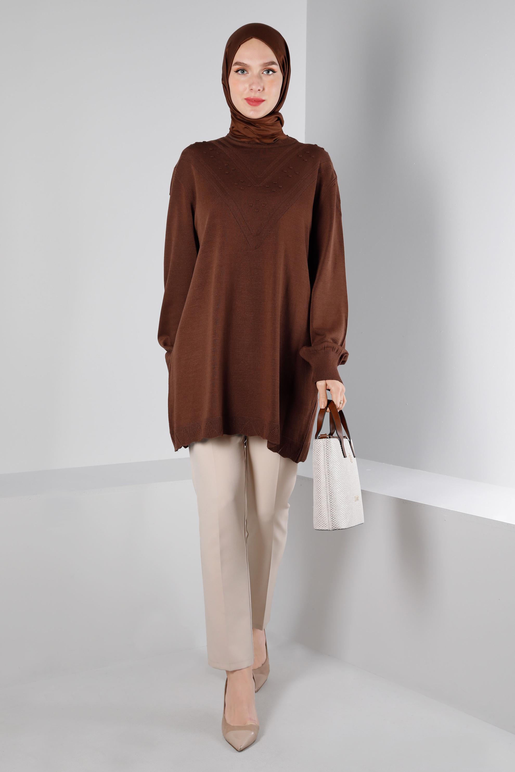 Tesettür giyim KAHVE PONPON DETAYLI TRİKO TUNİK 43169