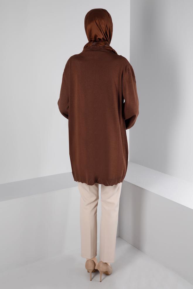 Vêtements hijab BRUN TUNIQUE EN MAILLE AVEC POMPONS 43169 - ALVİNA