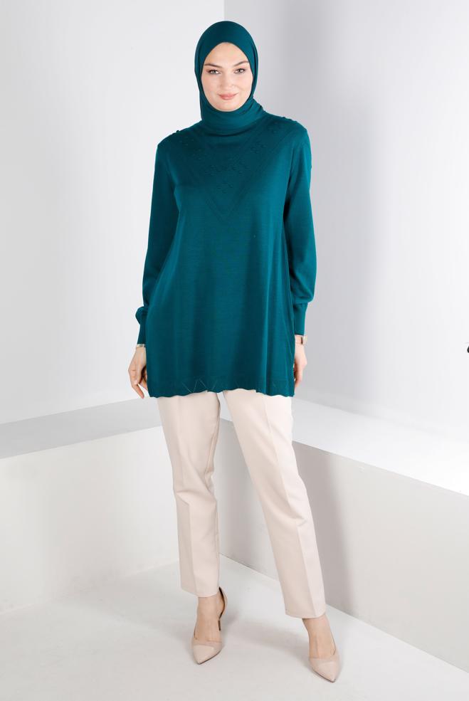 Vêtements hijab VERT TUNIQUE EN MAILLE AVEC POMPONS 43169 - ALVİNA