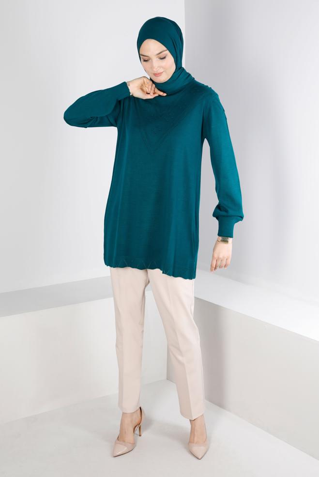Vêtements hijab VERT TUNIQUE EN MAILLE AVEC POMPONS 43169 - ALVİNA