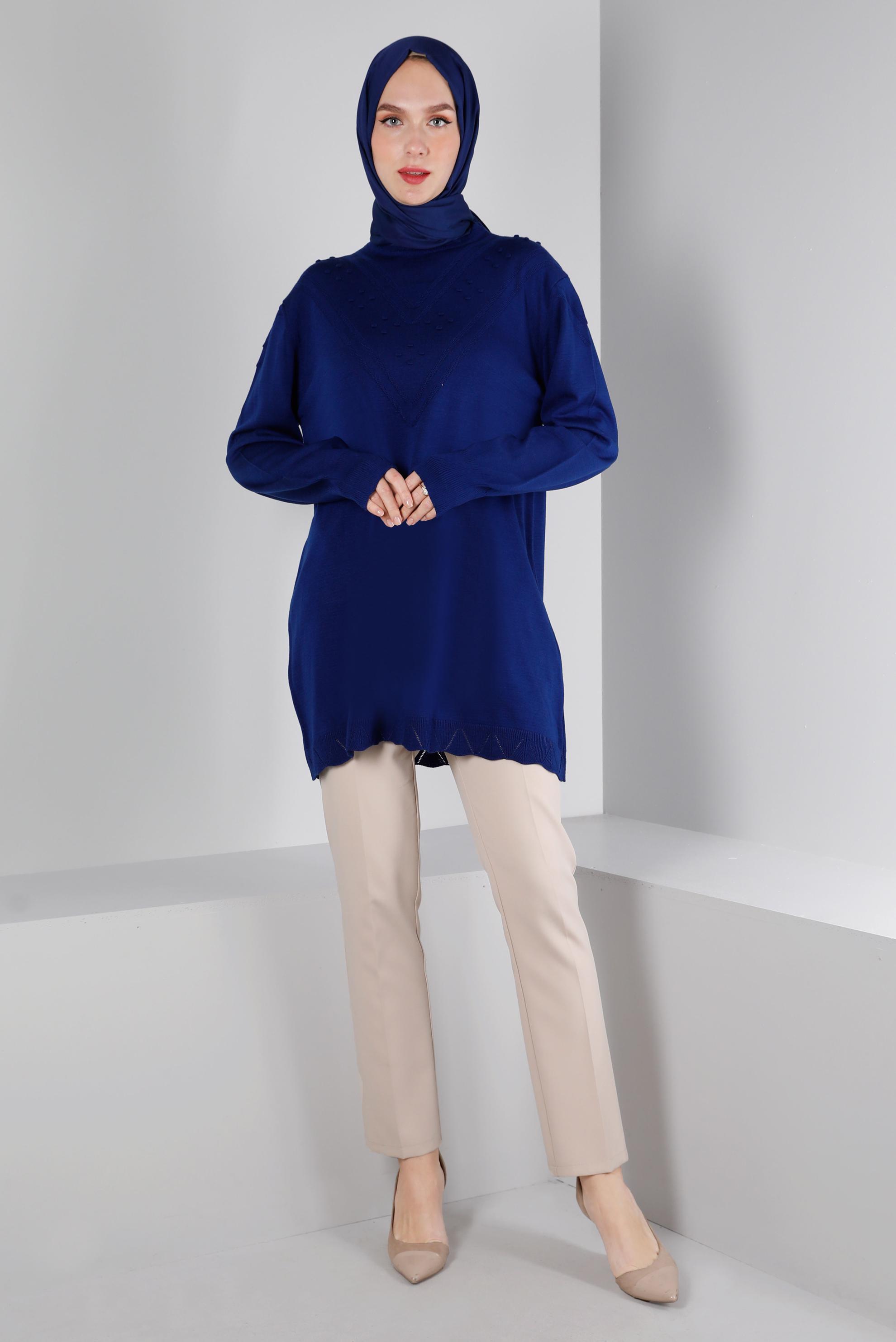 Vêtements hijab BLEU TUNIQUE EN MAILLE AVEC POMPONS 43169