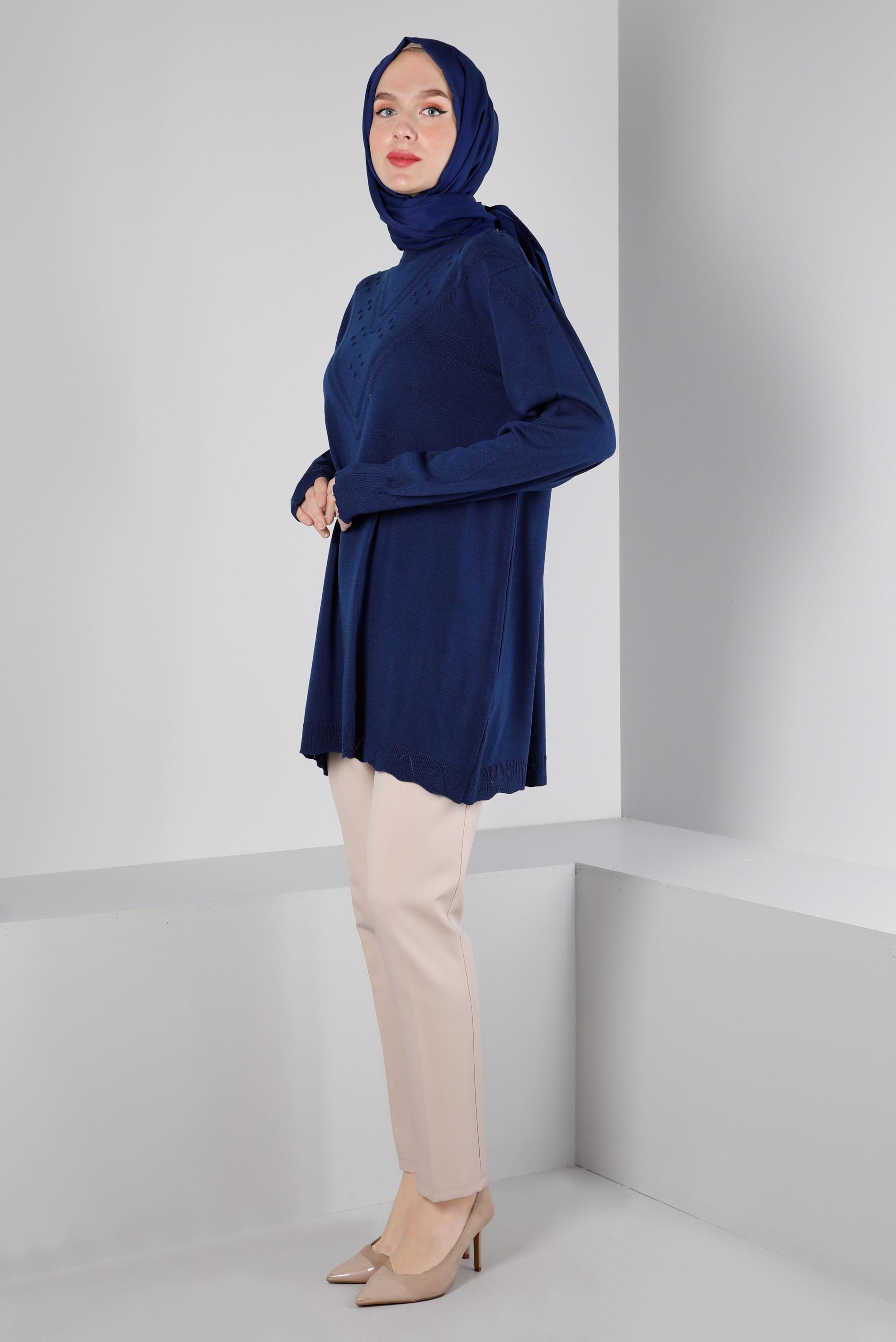 Vêtements hijab BLEU TUNIQUE EN MAILLE AVEC POMPONS 43169