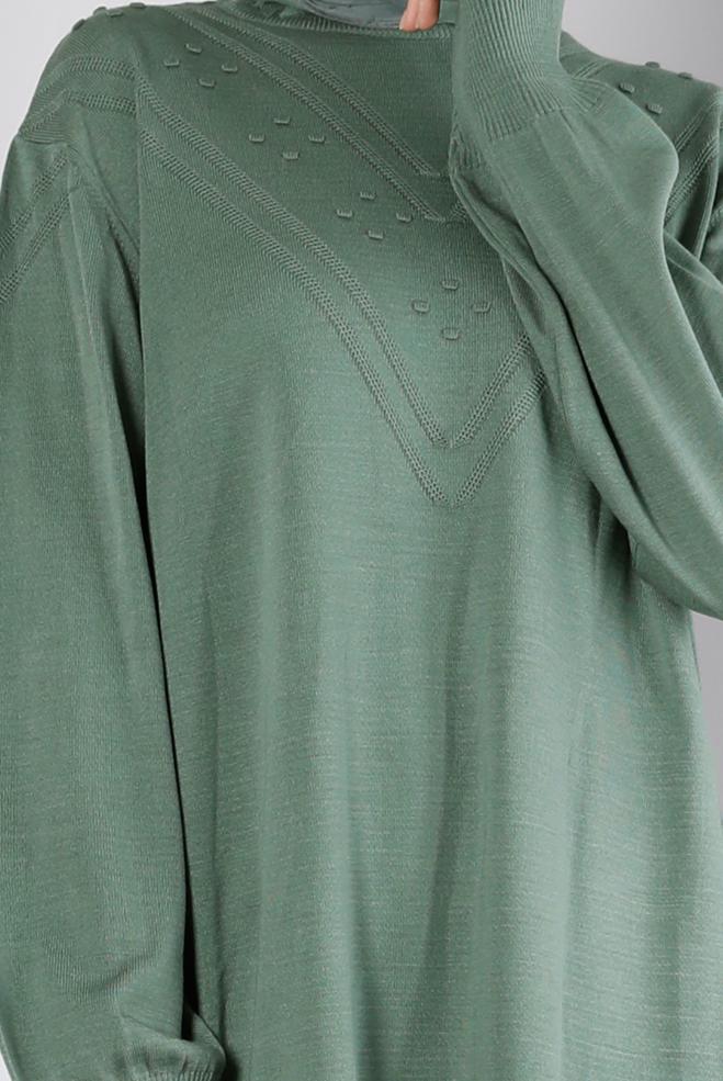 Vêtements hijab VERT TUNIQUE EN MAILLE AVEC POMPONS 43169 - ALVİNA