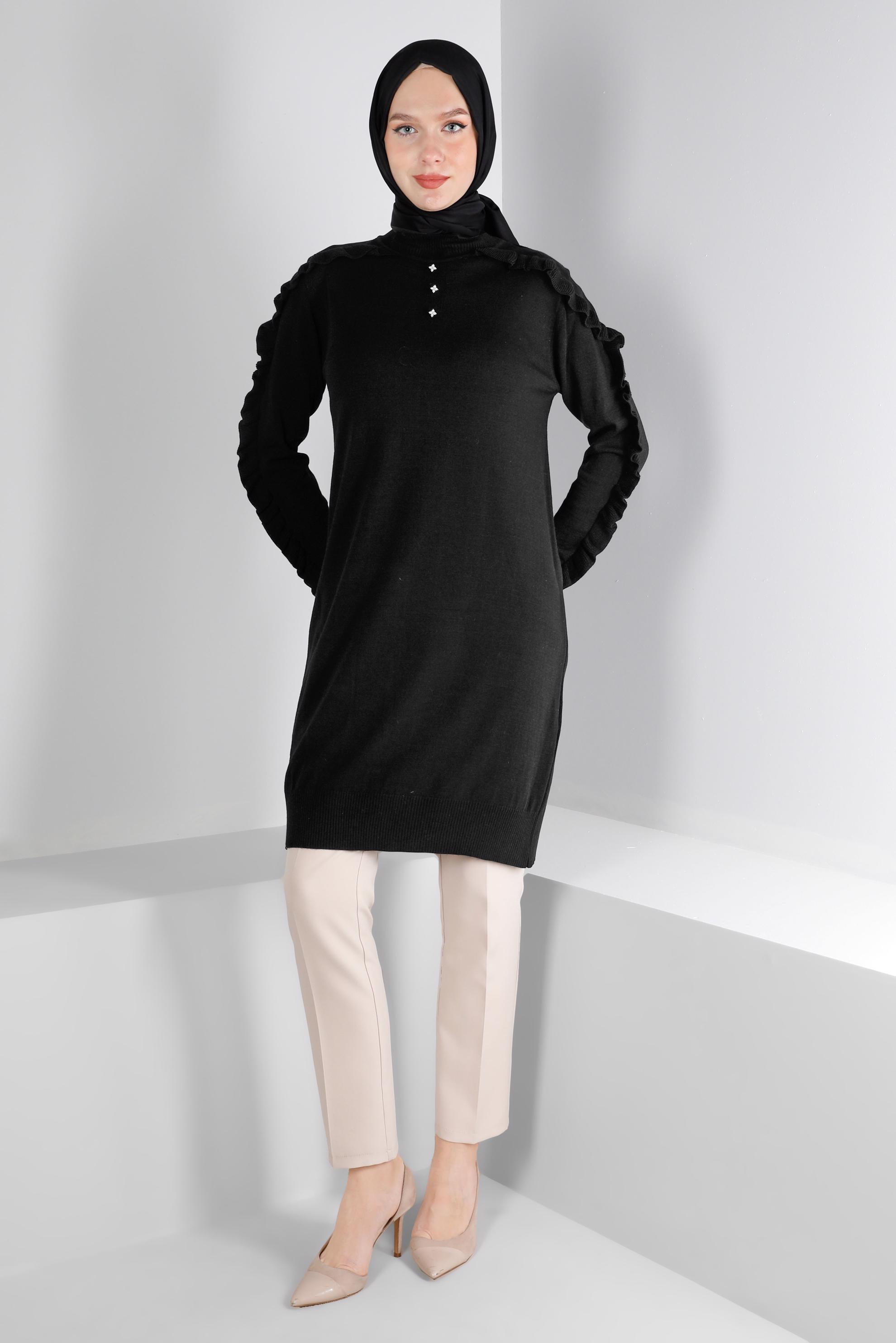 Vêtements hijab NOIR TUNIQUE EN MAILLE À VOLANTS AVEC BIJOU 43170