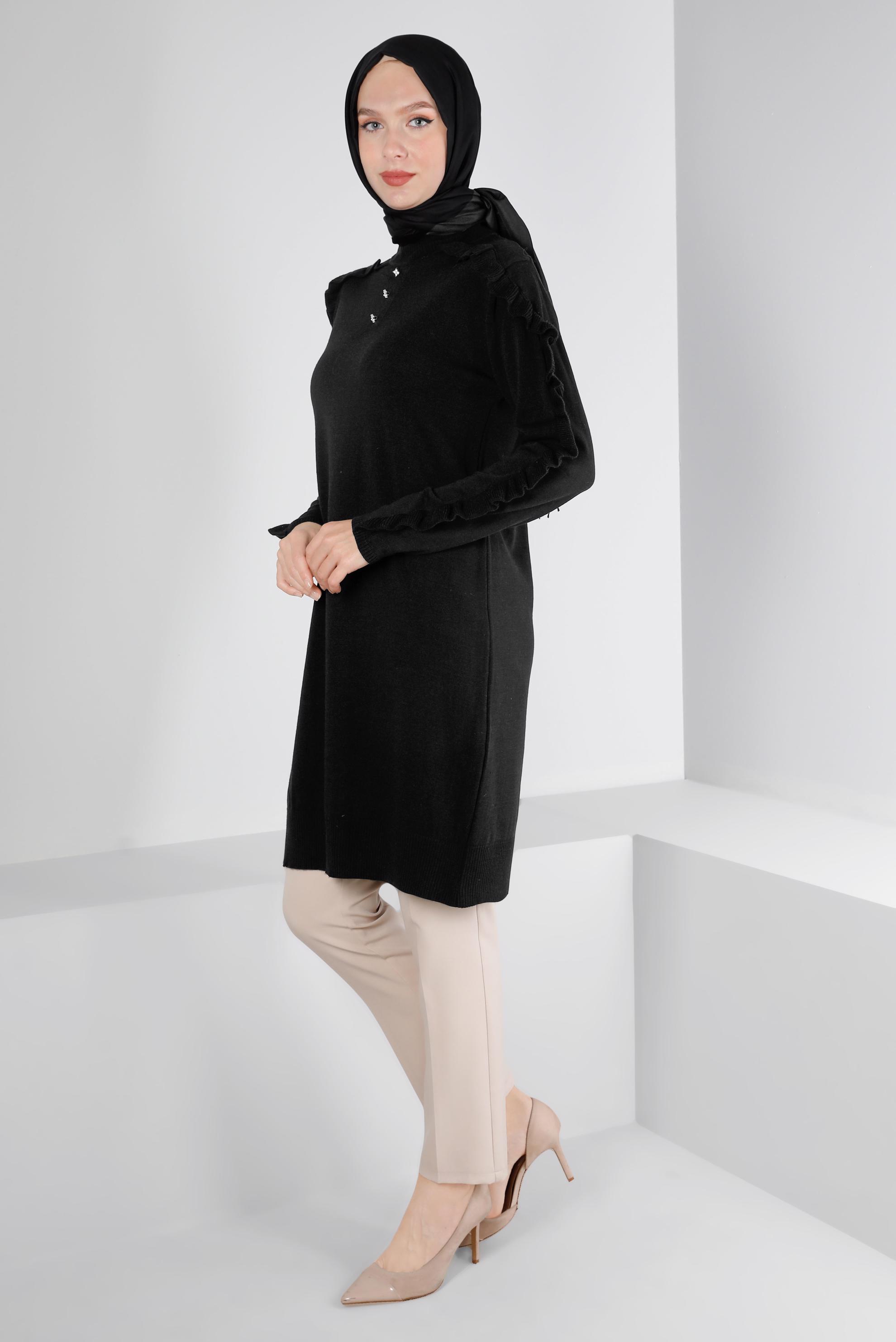 Vêtements hijab NOIR TUNIQUE EN MAILLE À VOLANTS AVEC BIJOU 43170