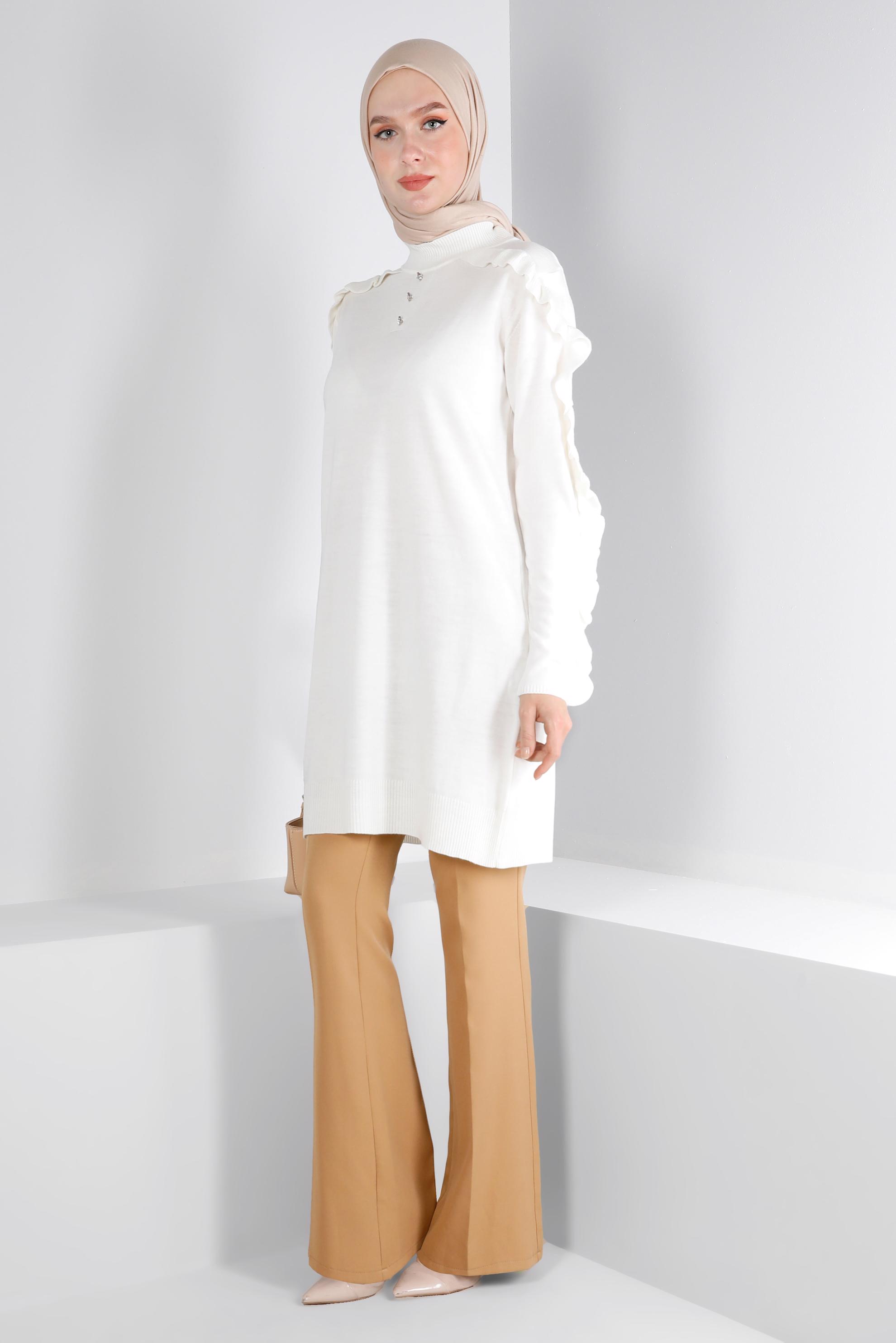 Vêtements hijab BLANC TUNIQUE EN MAILLE À VOLANTS AVEC BIJOU 43170