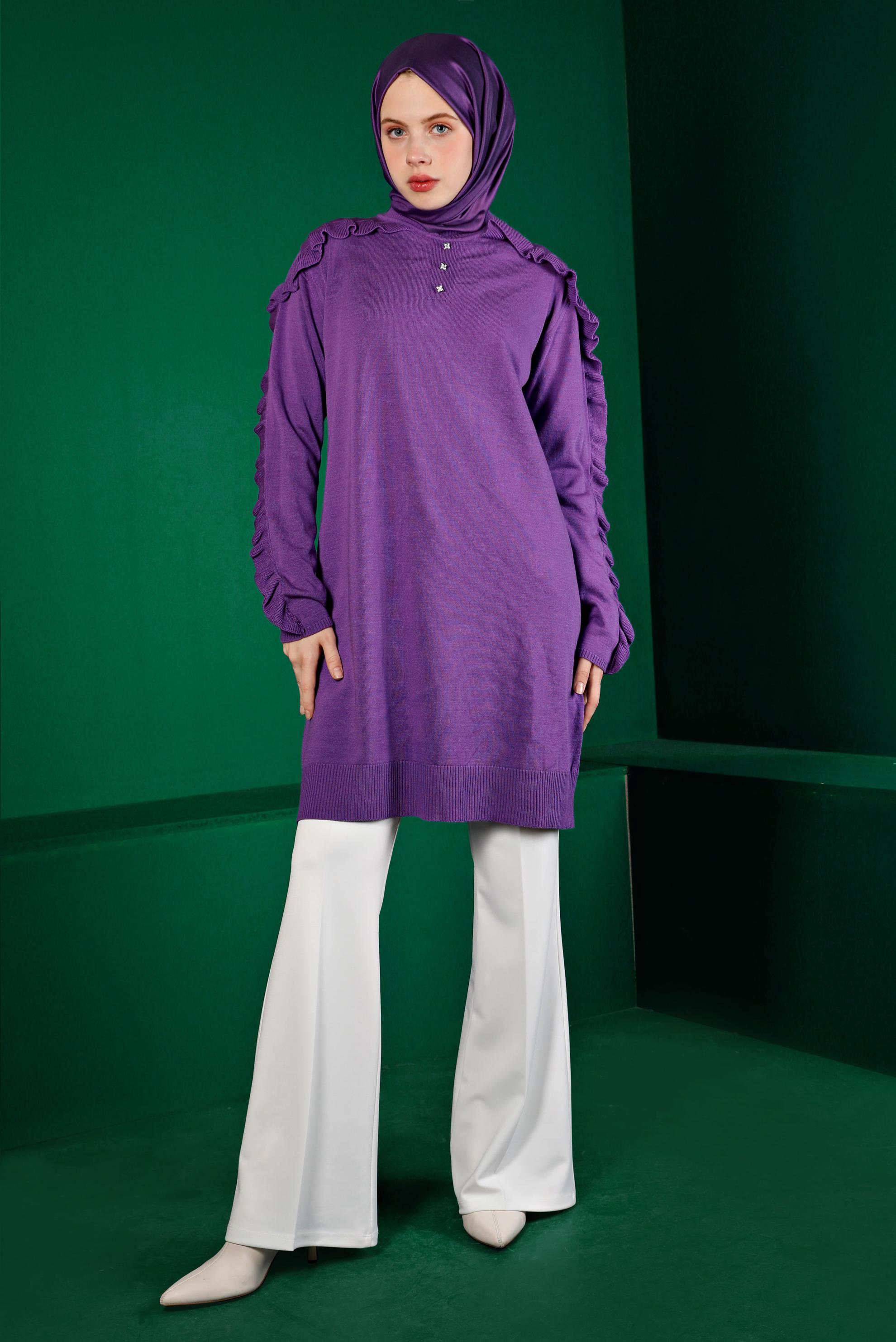 Tesettür giyim MOR FIRFIRLI TAŞLI TRİKO TUNİK 43170