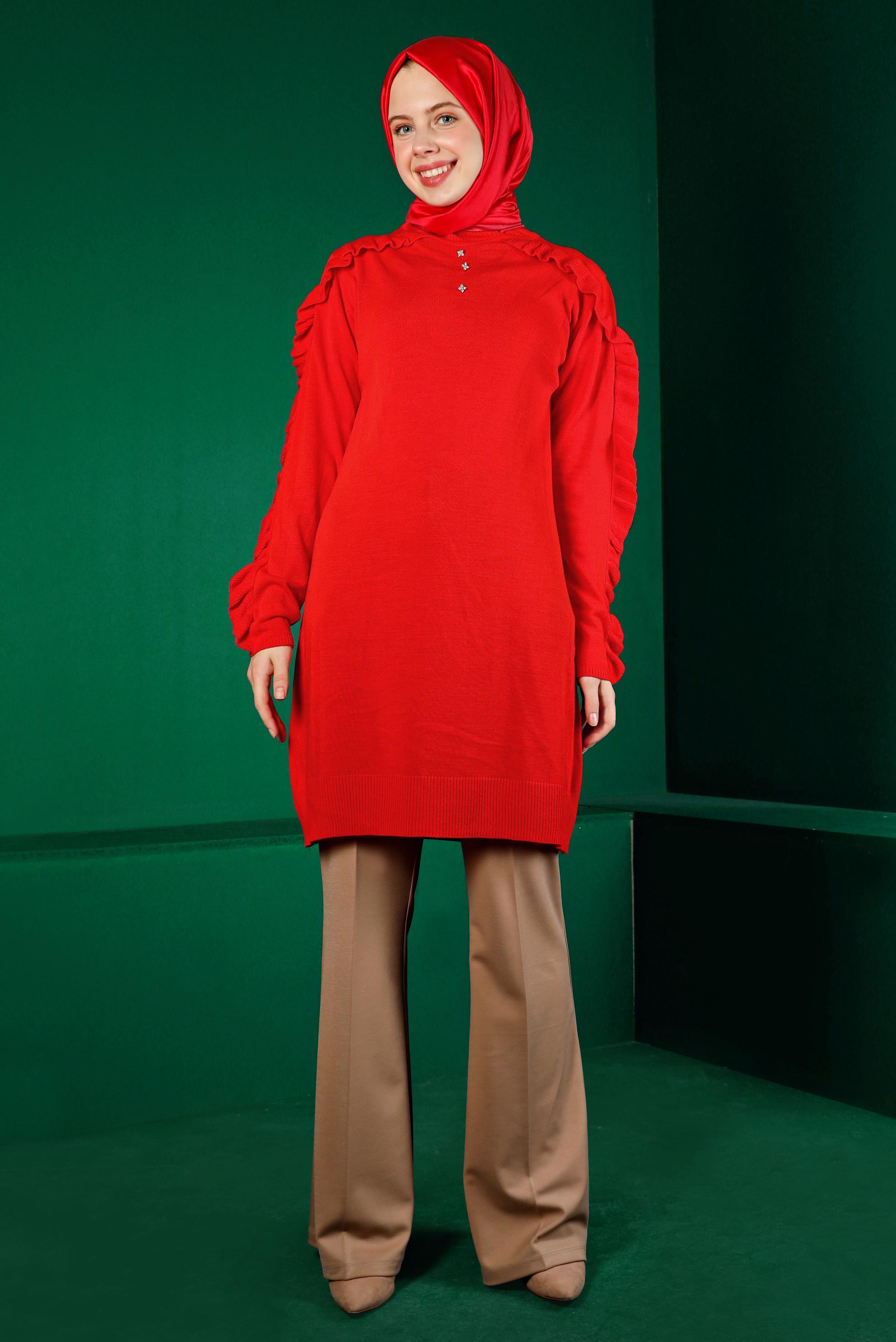 Tesettür giyim KIRMIZI FIRFIRLI TAŞLI TRİKO TUNİK 43170