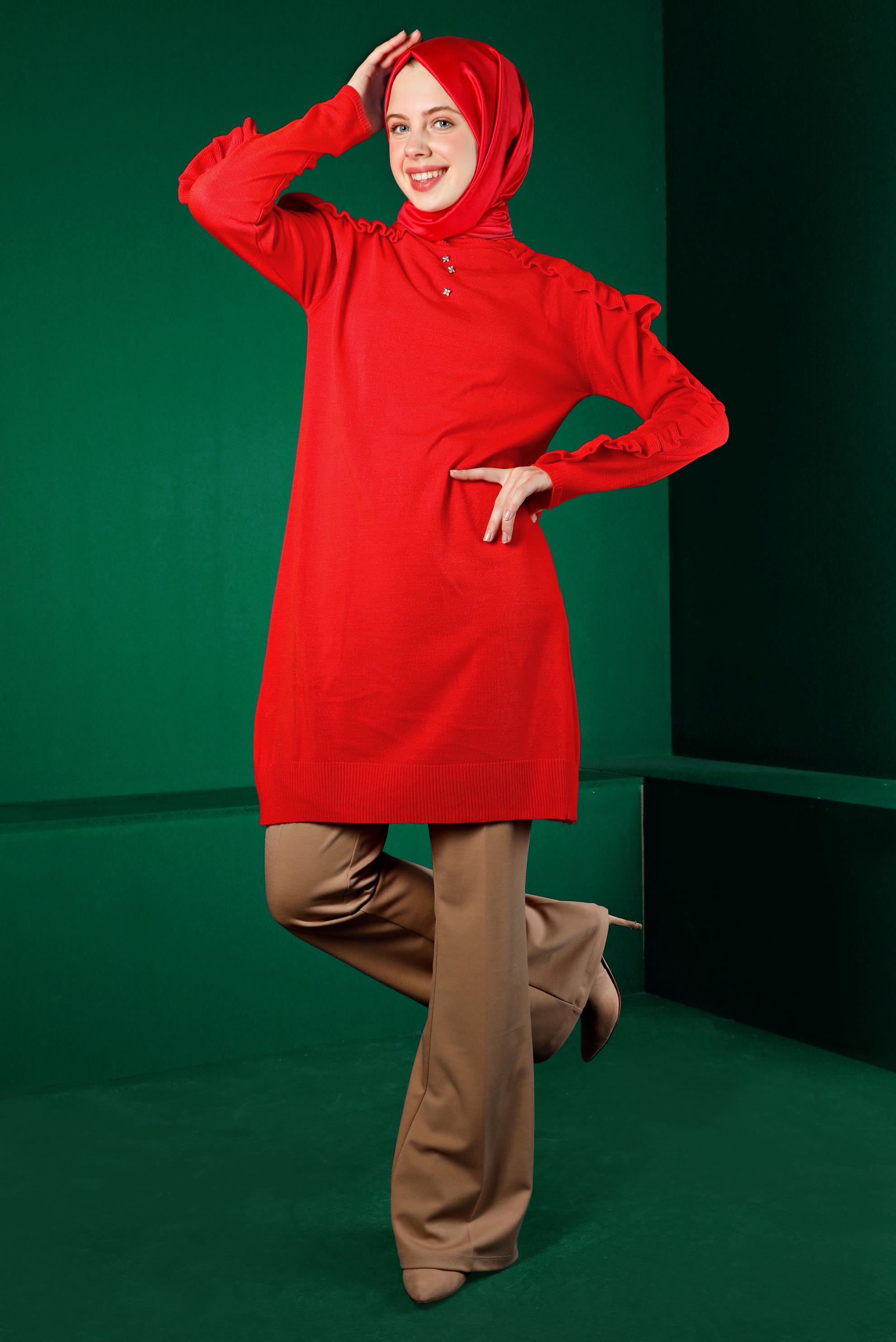 Tesettür giyim KIRMIZI FIRFIRLI TAŞLI TRİKO TUNİK 43170